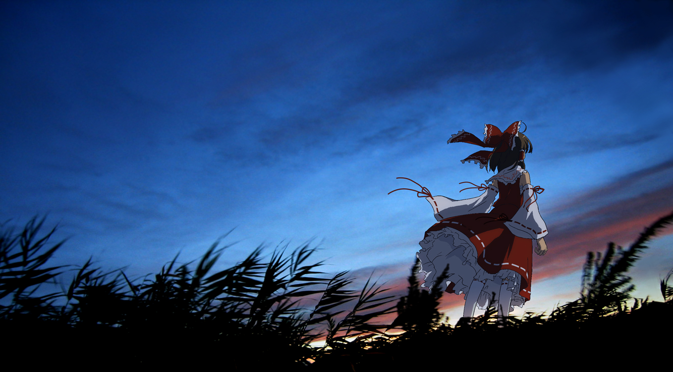 mizuki riko, hakurei reimu, touhou, bad id, bad pixiv id, 1girl, anime coloring, black hair, bow, brown hair, cloud, detached sleeves, evening, female focus, from behind, grass, hair bow, japanese clothes, miko, scenery, short hair, sky, socks, solo, sunrise, sunset, twilight, wind