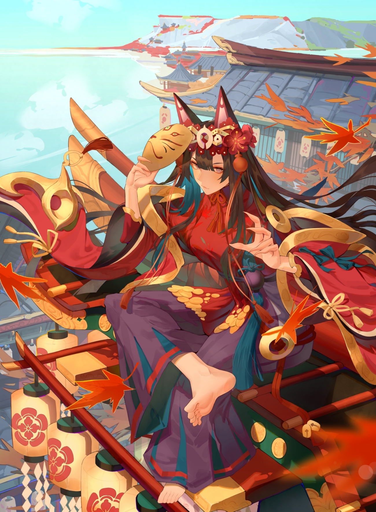 madai mao monu, ginsetsu (shadowverse), shadowverse, highres, tagme, 1girl, animal ears, barefoot, brown hair, fox ears, fox girl, fox mask, leaf, maple leaf, mask, solo, solo focus