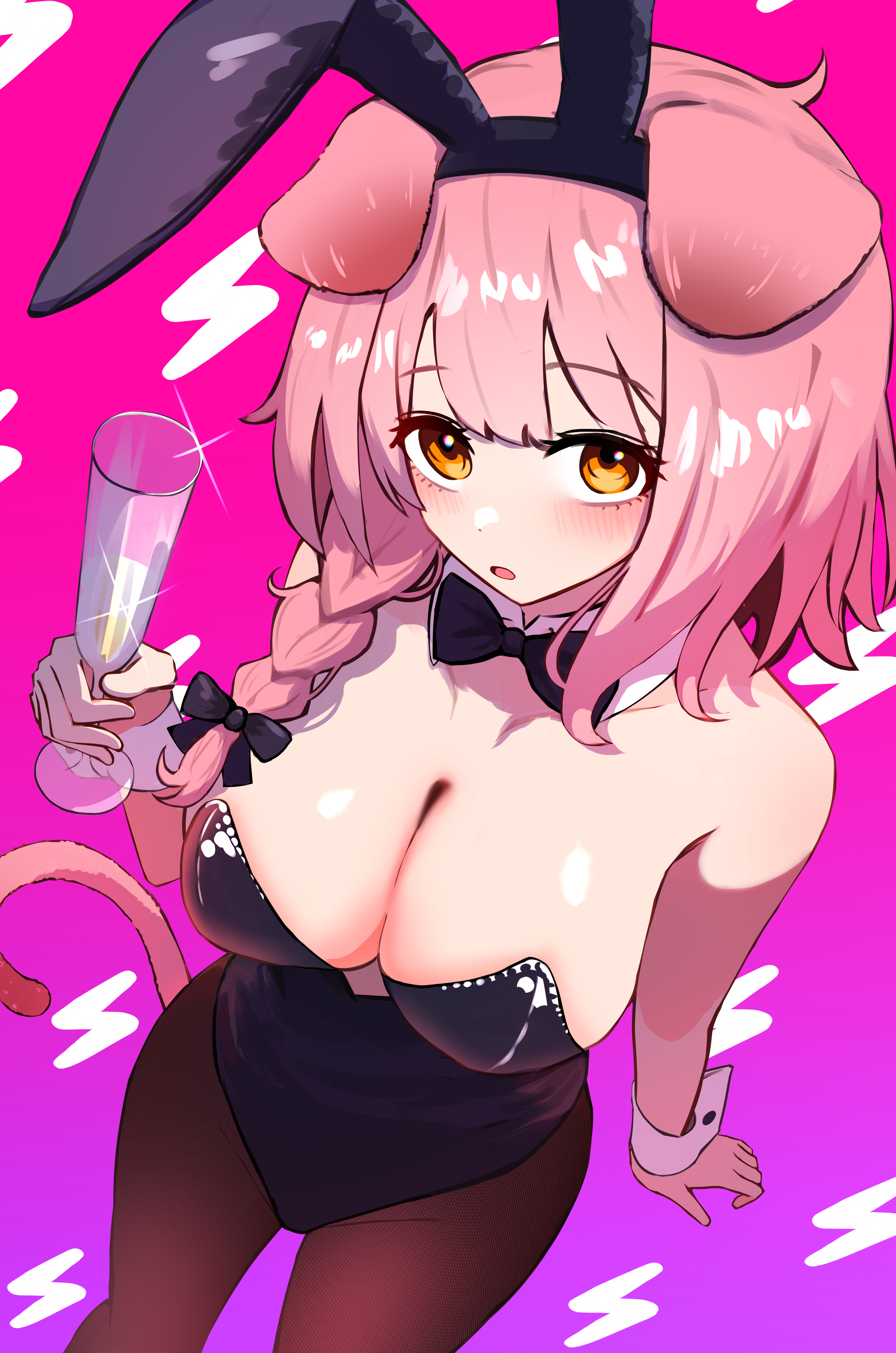 nikaidou tetsuo, goldenglow (arknights), arknights, absurdres, commentary request, highres, 1girl, animal ears, black pantyhose, black thighhighs, breasts, cat ears, cat girl, cleavage, cup, drinking glass, looking at viewer, medium breasts, open mouth, pantyhose, pink hair, playboy bunny, thighhighs, wine glass, yellow eyes
