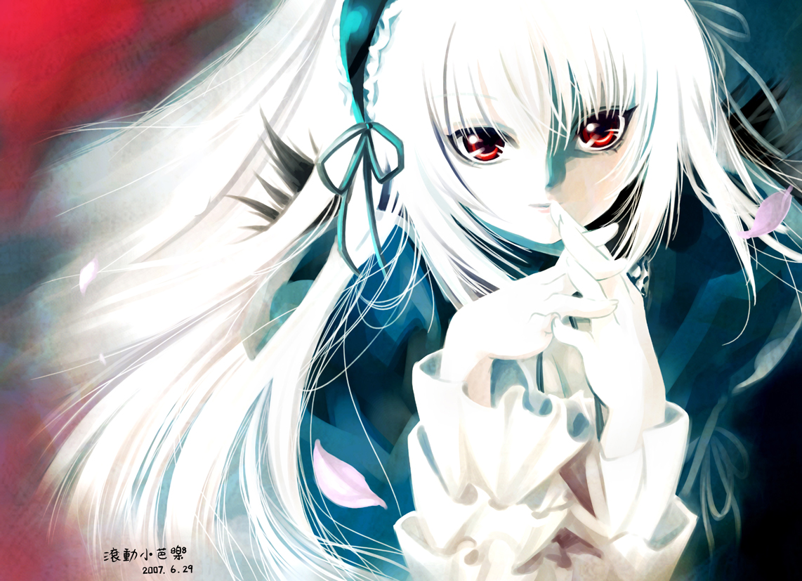 shoufukucho, suigintou, rozen maiden, 00s, 2007, dress, frills, hairband, long hair, red eyes, white hair, wings