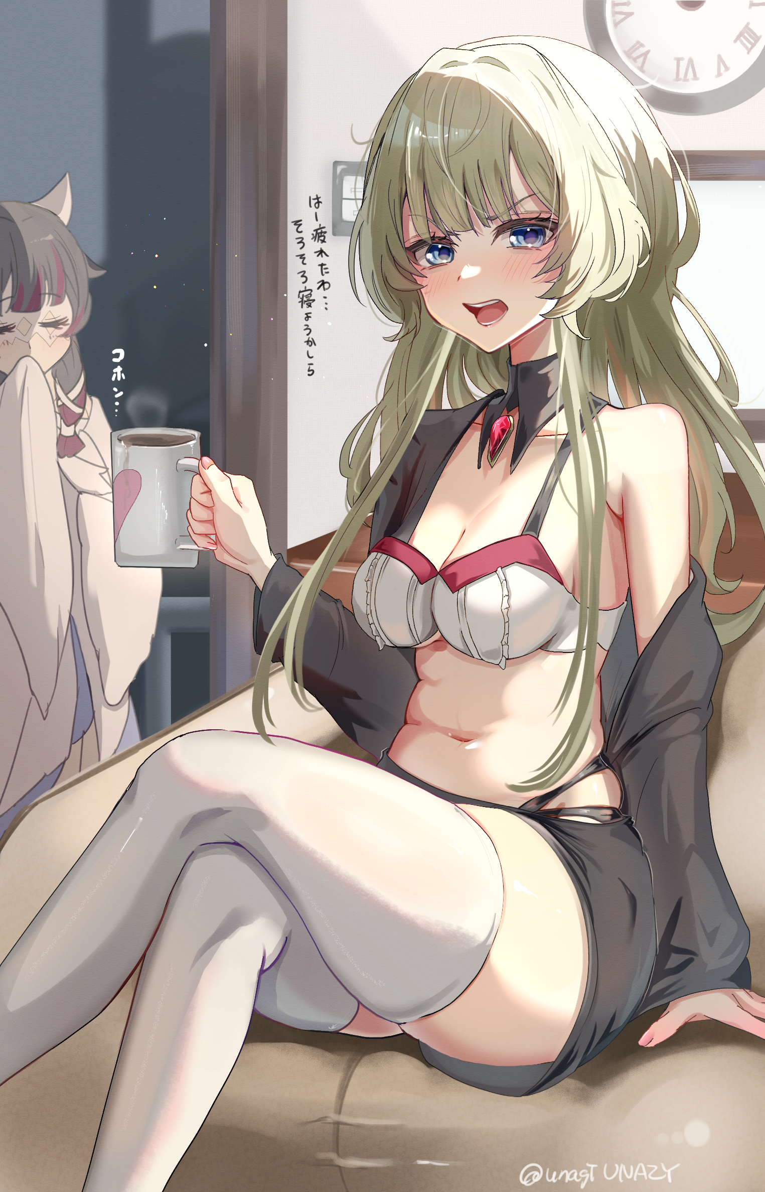 chuuna (unagiunazy), columbina (genshin impact), sandrone (genshin impact), genshin impact, commentary request, highres, 2girls, black collar, black hair, black shirt, black shorts, blue eyes, bra, breasts, brown hair, cleavage, clock, closed eyes, collar, crossed legs, cup, detached collar, holding, holding cup, long hair, long sleeves, looking at viewer, medium breasts, mug, multiple girls, navel, open clothes, open mouth, open shirt, shirt, shorts, single bare shoulder, single off shoulder, solo focus, thighhighs, underwear, white bra, white thighhighs