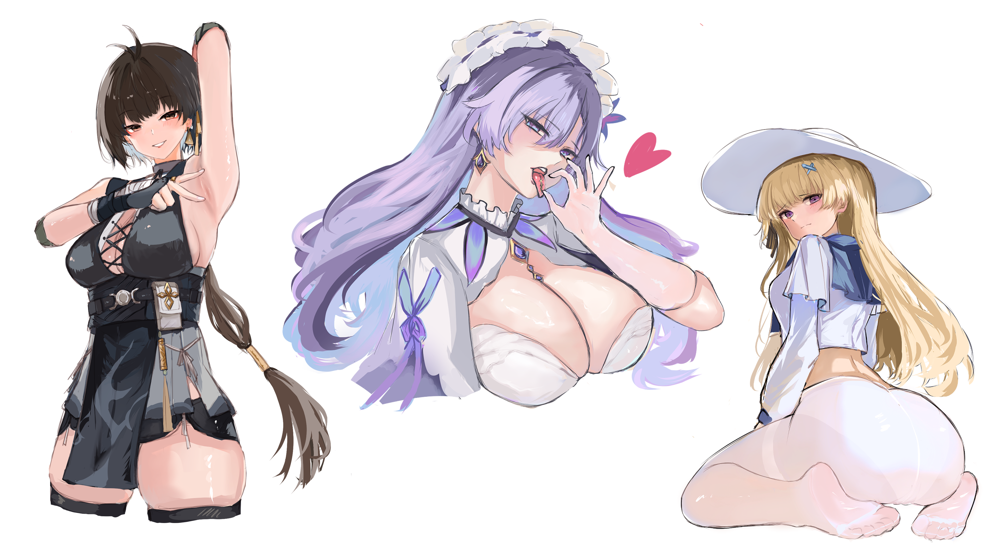 ocman, cantarella (wuthering waves), female rover (wuthering waves), phoebe (wuthering waves), rover (wuthering waves), wuthering waves, absurdres, commentary request, highres, 3girls, armpits, ass, black gloves, black hair, blonde hair, blue eyes, blue flower, blue hair, breasts, cleavage, closed mouth, colored inner hair, cropped legs, cropped torso, dress, earrings, elbow pads, eyeliner, facial mark, feet, flower, gloves, hair flower, hair ornament, hat, headdress, jewelry, large breasts, long hair, long sleeves, looking at viewer, low ponytail, makeup, multicolored hair, multiple girls, no shoes, open mouth, oral invitation, panties, panties under pantyhose, pantyhose, ponytail, presenting armpit, purple eyes, purple hair, red eyeliner, ribbon, shrug (clothing), simple background, soles, tacet mark (wuthering waves), thick thighs, thighband pantyhose, thighs, toes, tongue, tongue out, triangle earrings, underwear, white background, white dress, white hat, white panties, white pantyhose, x hair ornament, yellow eyes, yellow ribbon