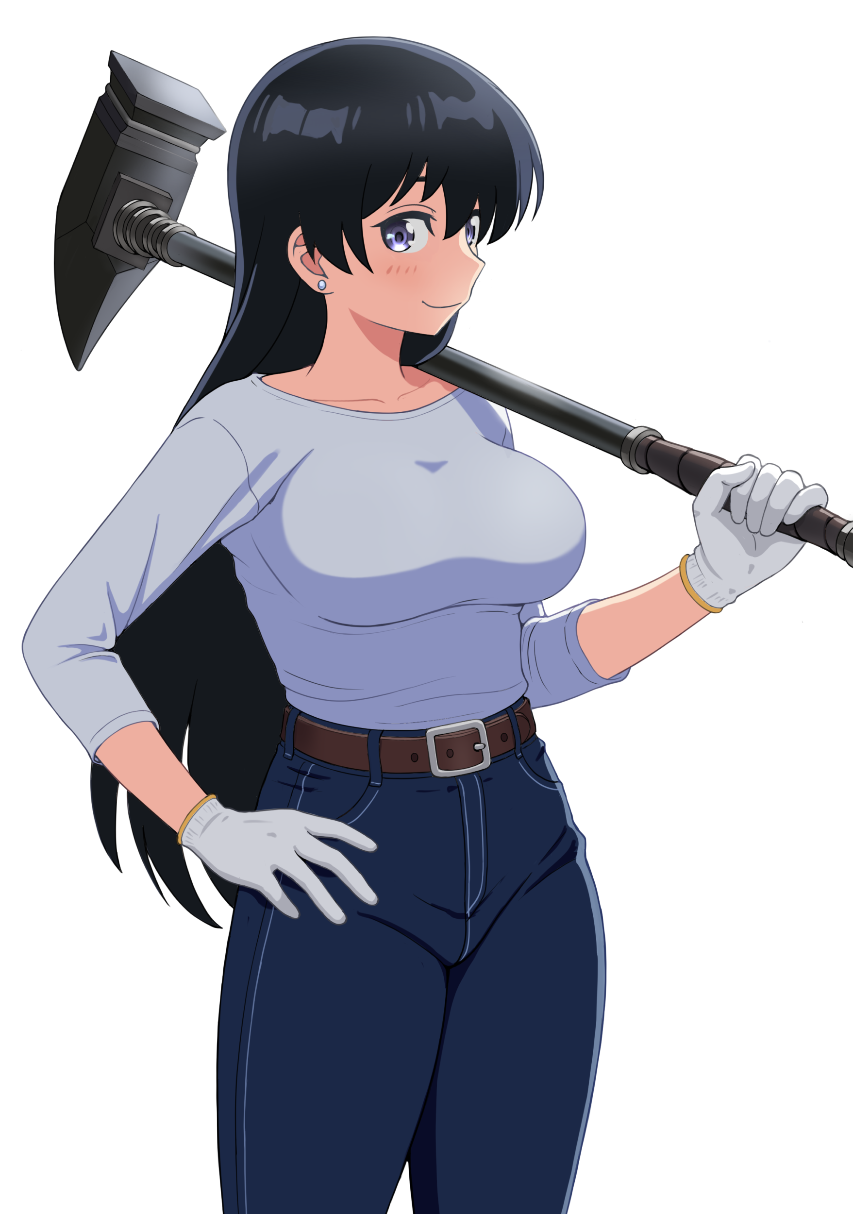 kyouji44288608, arato nagi, ruri no houseki, absurdres, commentary, highres, 1girl, belt, black hair, blue eyes, breasts, brown belt, denim, earrings, gloves, hammer, holding, holding hammer, jeans, jewelry, large breasts, light blush, long hair, pants, shirt, smile, stud earrings, white background, white gloves, white shirt