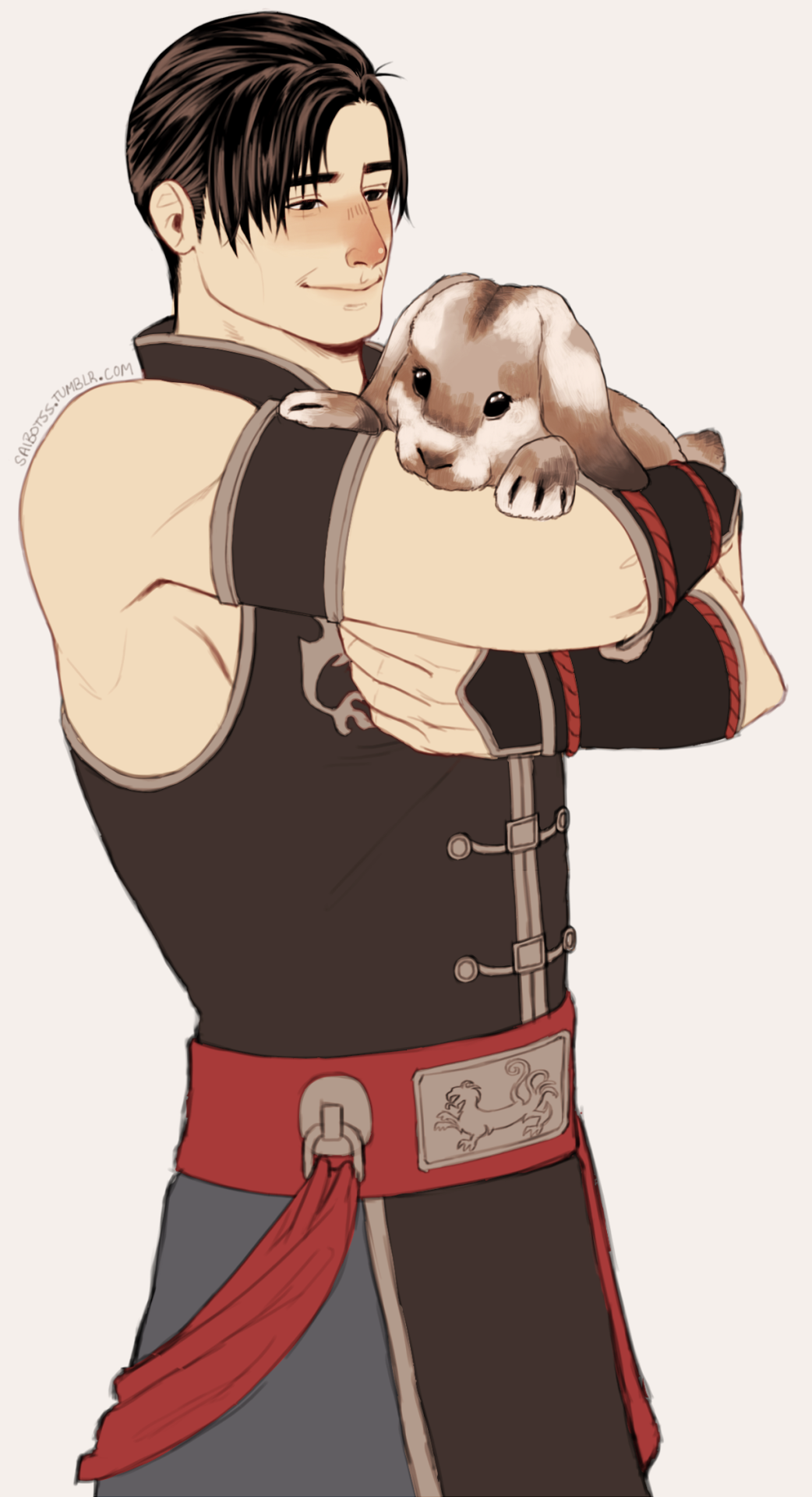 kung lao, mortal kombat (series), mortal kombat 9, highres, animal, animal ears, bare shoulders, black eyes, black hair, carrying, chinese clothes, male focus, pet, rabbit, rabbit ears, rabbit tail, saibotts, shaolin monk, simple background, smile, solo, solo focus, tail, white background