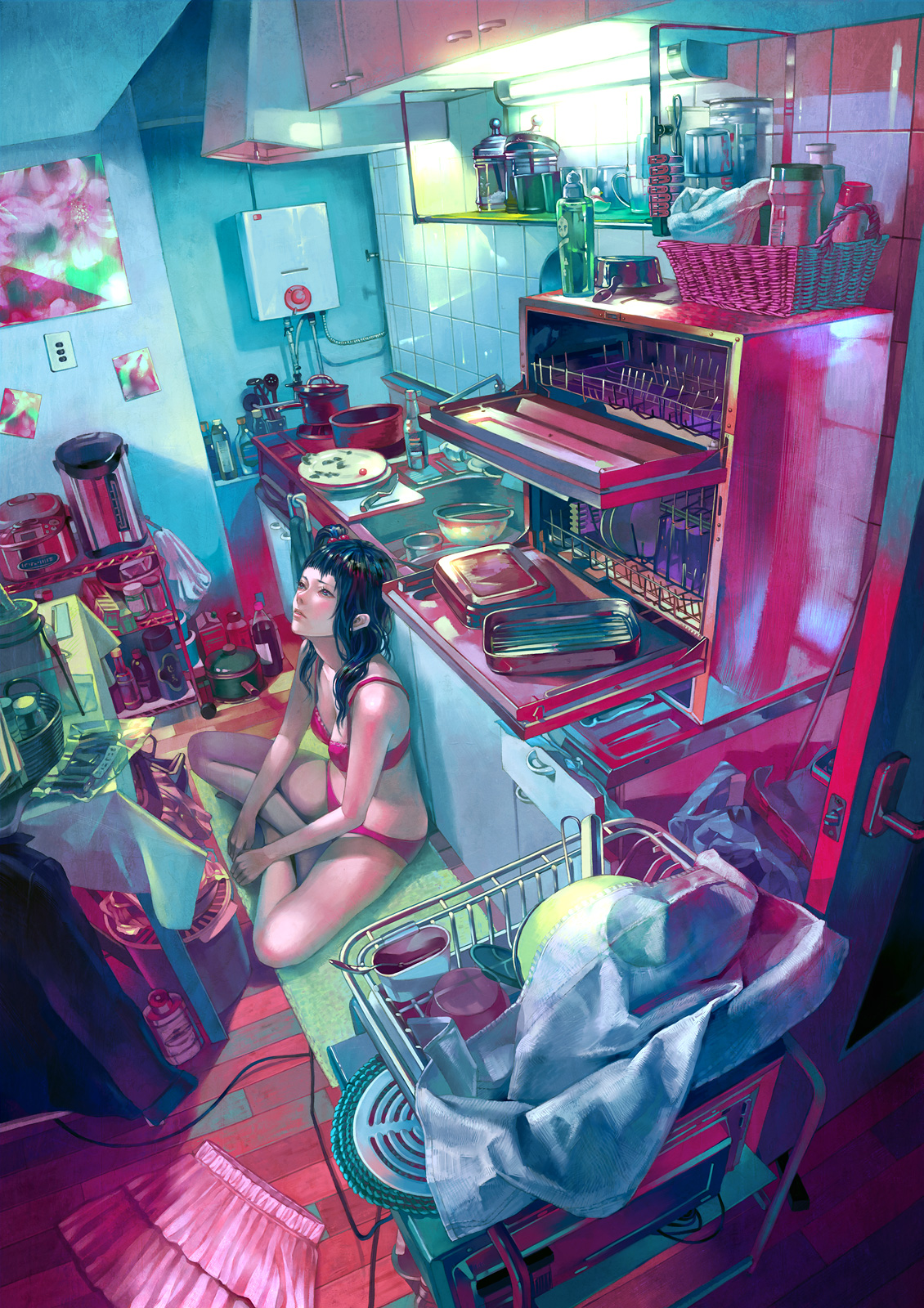 zain, original, highres, 1girl, absurdly detailed composition, black hair, blue eyes, blue theme, bra, crossed legs, dutch angle, female focus, fluorescent lamp, indian style, indoors, kitchen, lingerie, loaded interior, panties, pantyshot, perspective, pink theme, realistic, room, scenery, side ponytail, sitting, skirt, slice of life, solo, squatting, underwear, upskirt