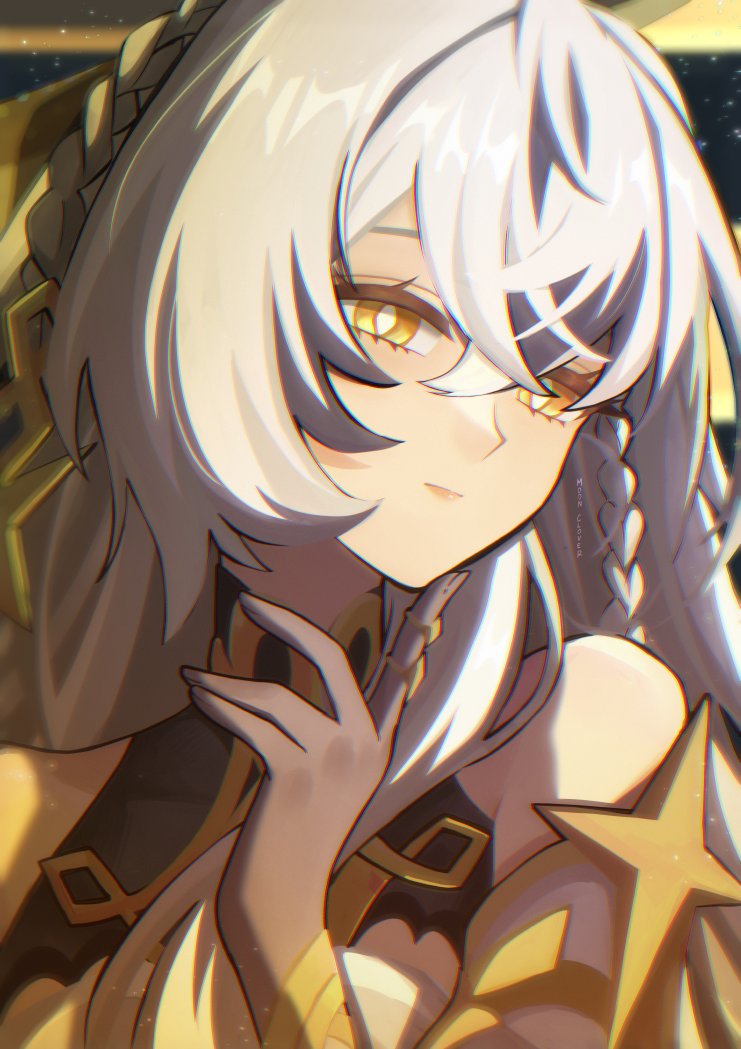 moonieclover, istaroth (genshin impact), genshin impact, commentary, symbol-only commentary, 1girl, bare shoulders, braid, bright pupils, expressionless, finger to own chin, jewelry, long hair, multiple rings, portrait, ring, solo, upper body, white hair, white pupils, yellow eyes