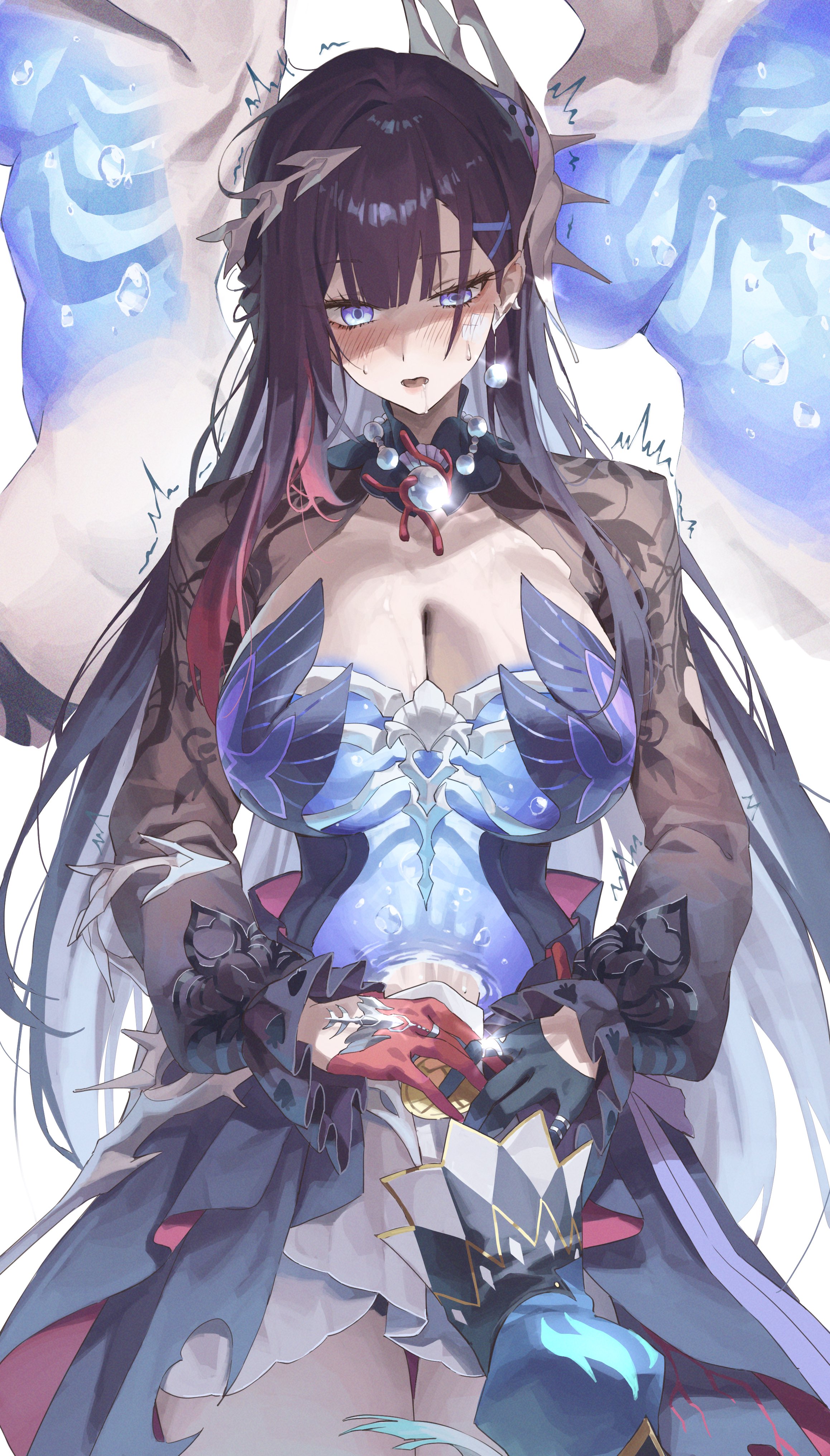 netural, cerydra (honkai: star rail), hysilens (honkai: star rail), honkai: star rail, honkai (series), absurdres, commentary, english commentary, highres, 2girls, asymmetrical gloves, black dress, black gloves, black shrug, blue eyes, blush, breasts, cleavage, colored inner hair, cowboy shot, dress, drooling, earclip, female pov, framed cleavage, gloves, grey hair, hair ornament, half-closed eye, half-closed eyes, jewelry, large breasts, long hair, long sleeves, looking at hand, looking down, mismatched gloves, multicolored hair, multiple girls, open mouth, partially shaded face, pov, pov hands, purple hair, red gloves, ring, scales, see-through body, shrug (clothing), solo focus, streaked hair, thigh gap, thighs, trembling, very long hair, wet, yuri