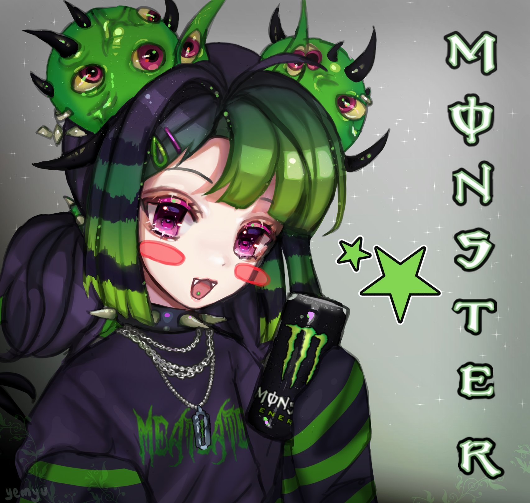 cloud (lufaeris), monster energy, original, commentary, english commentary, highres, 1girl, black choker, black hair, black shirt, blush stickers, can, choker, drink can, extra eyes, fangs, green hair, holding, holding can, looking at viewer, medium hair, multicolored hair, open mouth, piercing, pink eyes, shirt, smile, solo, spiked choker, spikes, star (symbol), tongue piercing, two-tone hair, upper body