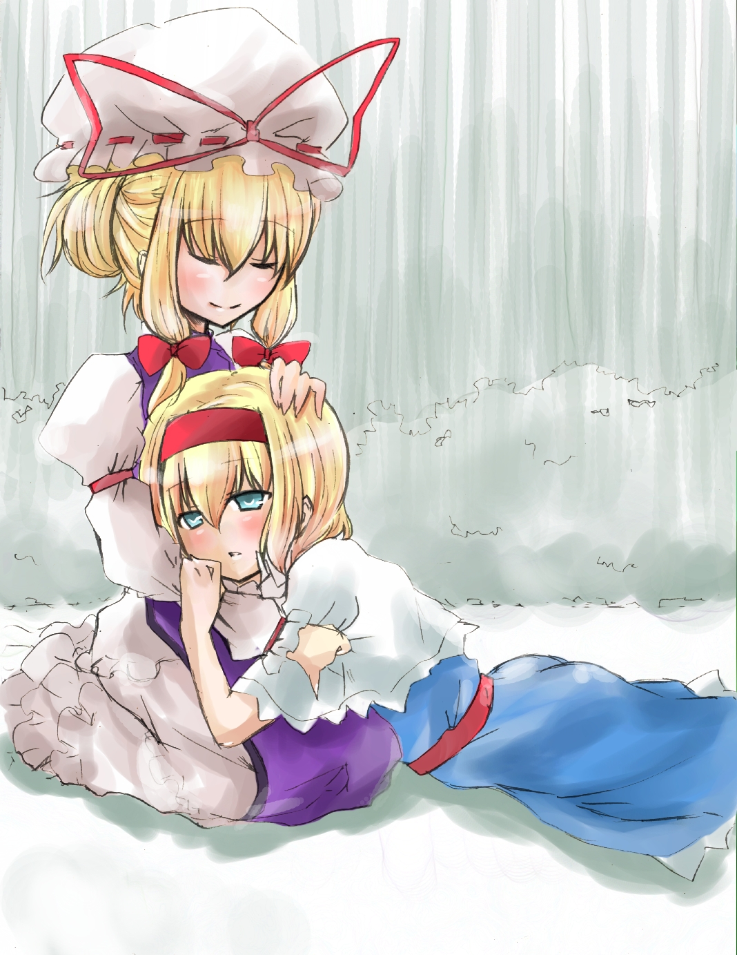 okannigeru, alice margatroid, yakumo yukari, touhou, hand on head, bad id, bad pixiv id, highres, 2girls, blonde hair, closed eyes, female focus, hairband, hat, headpat, holding, lap pillow, multiple girls
