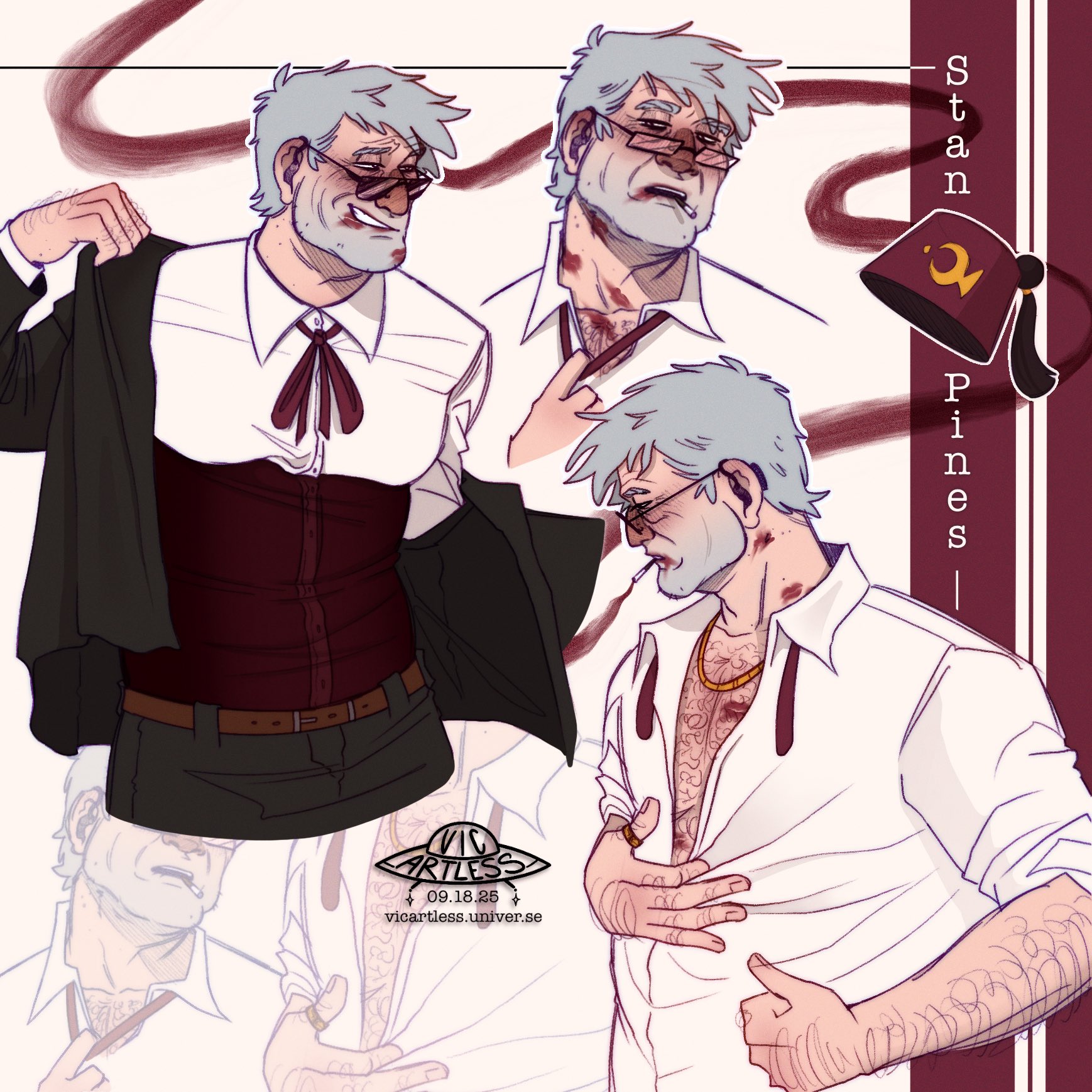 grunkle stan, gravity falls, commentary, english commentary, highres, 1boy, adjusting neck ribbon, arm hair, artist logo, beard stubble, belt, black eyes, black jacket, black pants, blazer, brown belt, character name, chest hair, cigarette, colored smoke, corset, cropped shoulders, cropped torso, dressing, facial hair, fez hat, floating hat, glasses, gold ring, grey hair, hand hair, hand on own stomach, hat, hearing aid, jacket, lipstick mark, lipstick mark on chest, lipstick mark on face, lipstick mark on neck, logo, looking to the side, mouth hold, multiple views, neck ribbon, nose, old, old man, open mouth, outline, pants, parted lips, partially unbuttoned, rectangular eyewear, red corset, red hat, ribbon, shirt, short hair, signature, smirk, smoke, stubble, sunglasses, teeth, two-tone background, undone neck ribbon, upper teeth only, vicartless, white background, white outline, white shirt, wrinkled skin, zoom layer