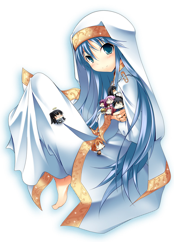 nana (732 kaiten), himegami aisa, index (toaru majutsu no index), itsuwa, kamijou touma, kanzaki kaori, misaka mikoto, sphinx (to aru majutsu no index), sphinx (toaru majutsu no index), stiyl magnus, tsuchimikado motoharu, tsukuyomi komoe, toaru majutsu no index, toaru majutsu no index: old testament, habit, 00s, 3boys, 6+girls, alternate eye color, alternate hair color, barefoot, blue eyes, blue hair, calico (pattern), calico cat, chibi, long hair, multiple boys, multiple girls, robe, safety pin