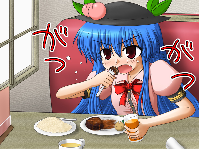 hinanawi tenshi, touhou, bad id, bad pixiv id, 1girl, black hat, blue hair, cup, eating, female focus, food, fork, fruit, hat, juice, long hair, open mouth, orange juice, peach, plate, red eyes, rice, solo, teacup, window