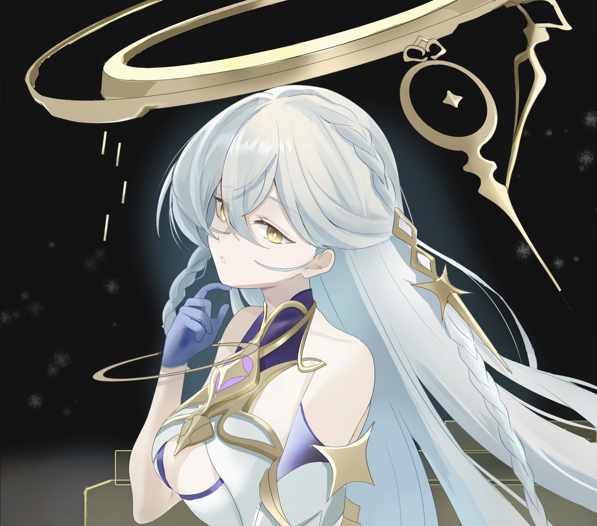 istaroth (genshin impact), genshin impact, commentary request, highres, 1girl, bare shoulders, braid, breasts, bright pupils, cleavage, colored extremities, dark background, dress, hair ornament, halo, hand up, long hair, looking at viewer, medium breasts, nias11026, parted lips, purple hands, solo, upper body, white dress, white hair, white pupils, yellow eyes