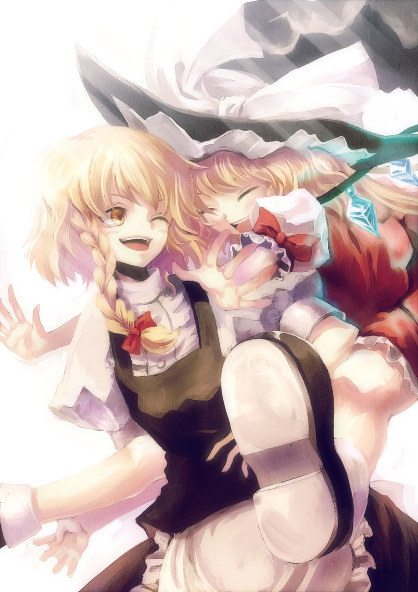 hyuuga azuri, flandre scarlet, kirisame marisa, touhou, highres, 2girls, blonde hair, braid, female focus, happy, hat, hug, mary janes, multiple girls, one eye closed, ribbon, shoes, unworn hat, unworn headwear, wings, witch, witch hat, yellow eyes, yuri