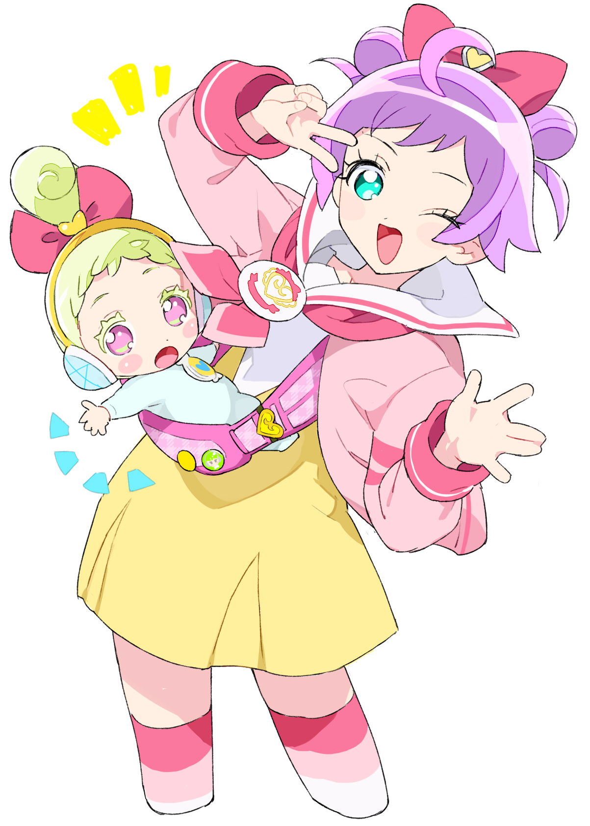 moudoku (decopon3rd), jewlulu, manaka laala, manaka laala (normal), pretty series, pripara, commentary request, highres, 2girls, ;d, ahoge, baby, blue eyes, bow, cardigan, cropped legs, double bun, dress, green hair, hair bow, hair bun, long sleeves, looking at viewer, multiple girls, notice lines, one eye closed, open cardigan, open clothes, open mouth, paprika private academy school uniform, pink bow, pink cardigan, pink eyes, pink thighhighs, purple hair, sailor collar, sailor dress, school uniform, short hair, simple background, smile, striped clothes, striped thighhighs, thighhighs, v, v over eye, white background, white sailor collar, white thighhighs, yellow dress