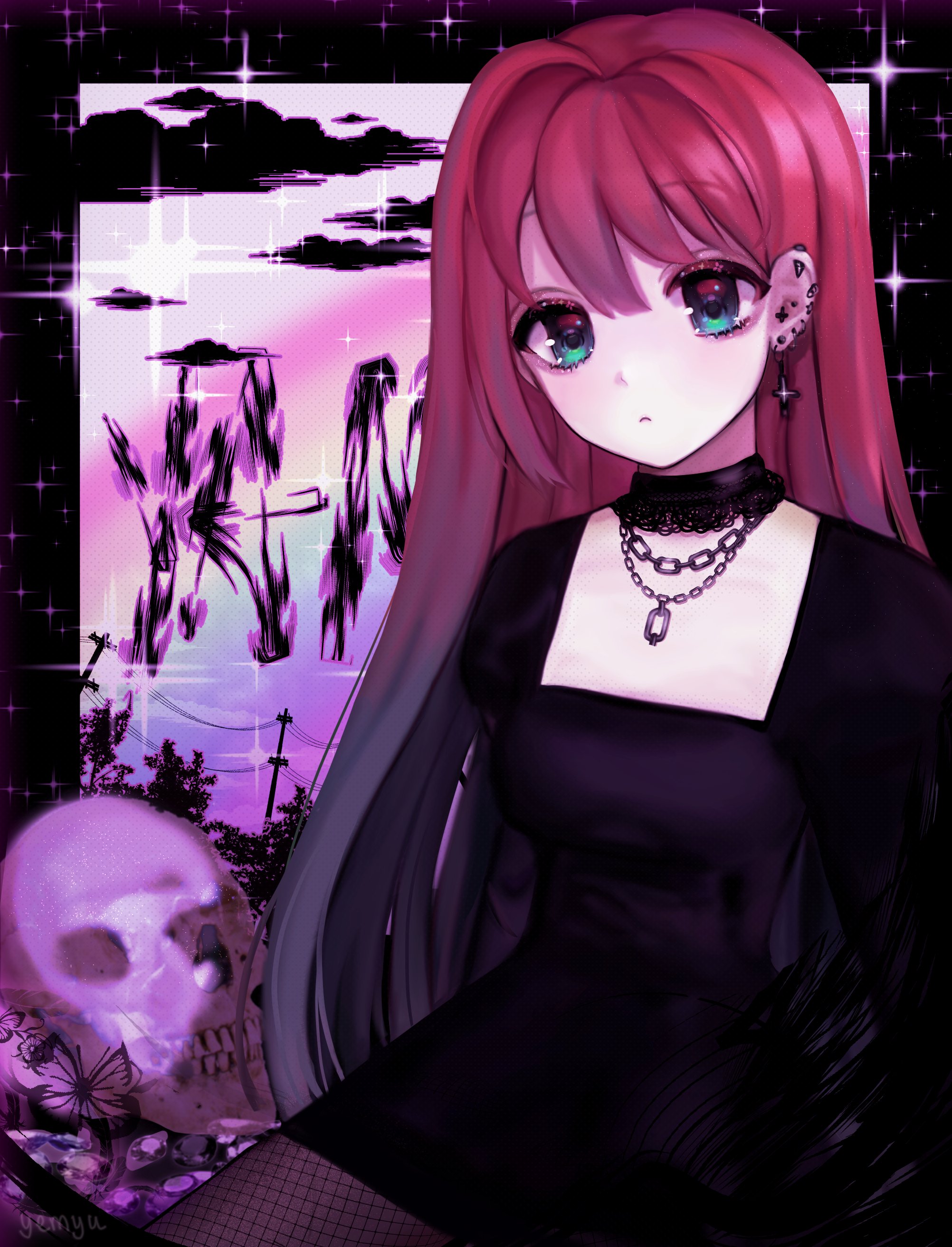 cloud (lufaeris), original, absurdres, commentary, english commentary, highres, 1girl, black choker, black dress, blue eyes, chain, chain necklace, choker, closed mouth, cowboy shot, cross, cross earrings, dress, ear piercing, earrings, gradient hair, jewelry, long hair, looking at viewer, multicolored hair, multiple piercings, necklace, piercing, red hair, solo