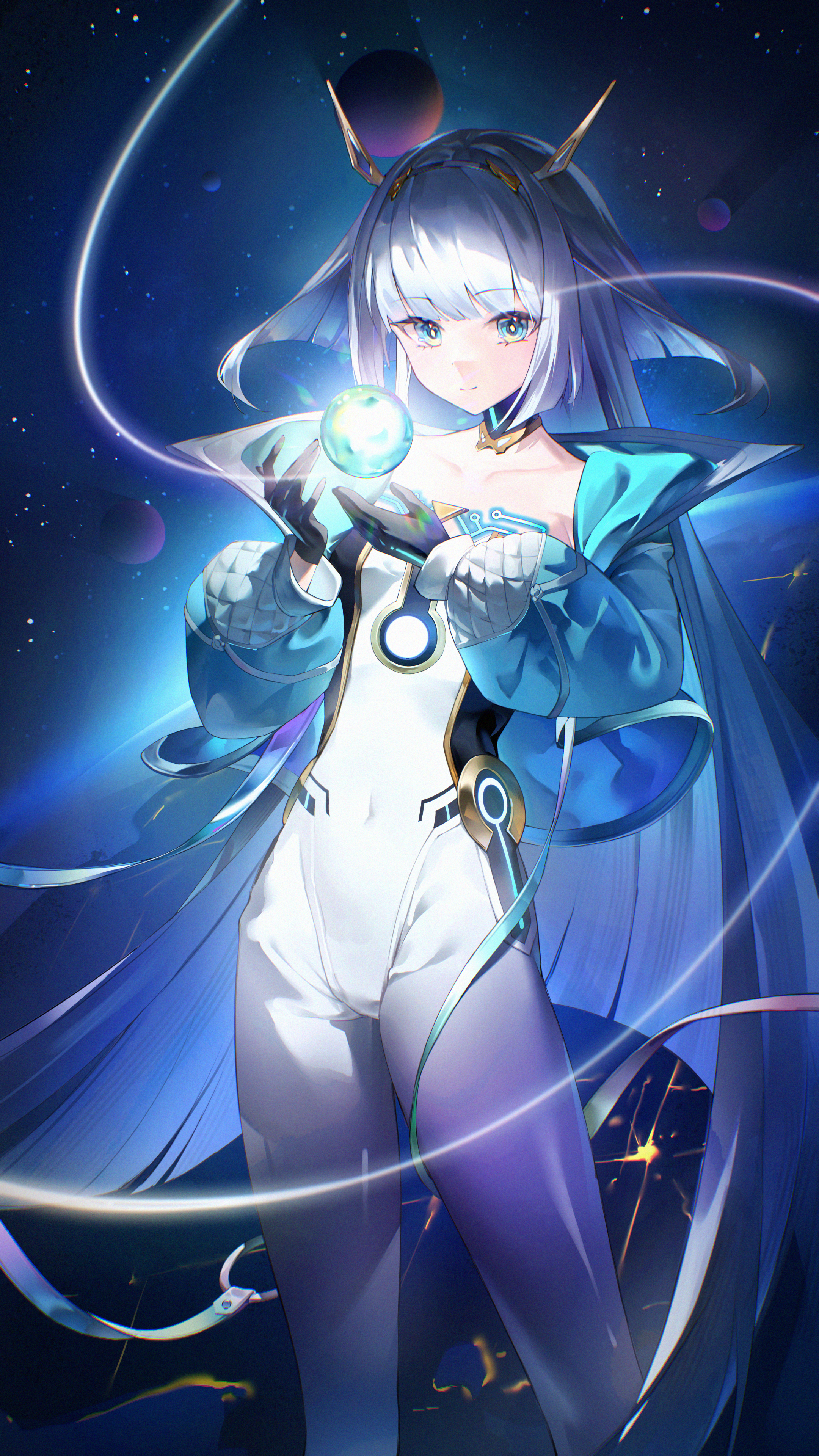 guo chan, eudie (shadowverse), shadowverse, shadowverse: worlds beyond, absurdres, hashtag-only commentary, highres, 1girl, aqua jacket, black choker, black gloves, blue eyes, blunt ends, bodysuit, choker, collarbone, covered navel, cropped jacket, fake horns, gloves, grey hair, hairband, horn hairband, horns, jacket, long hair, long sleeves, open clothes, open jacket, orb, solo, space, very long hair, white bodysuit