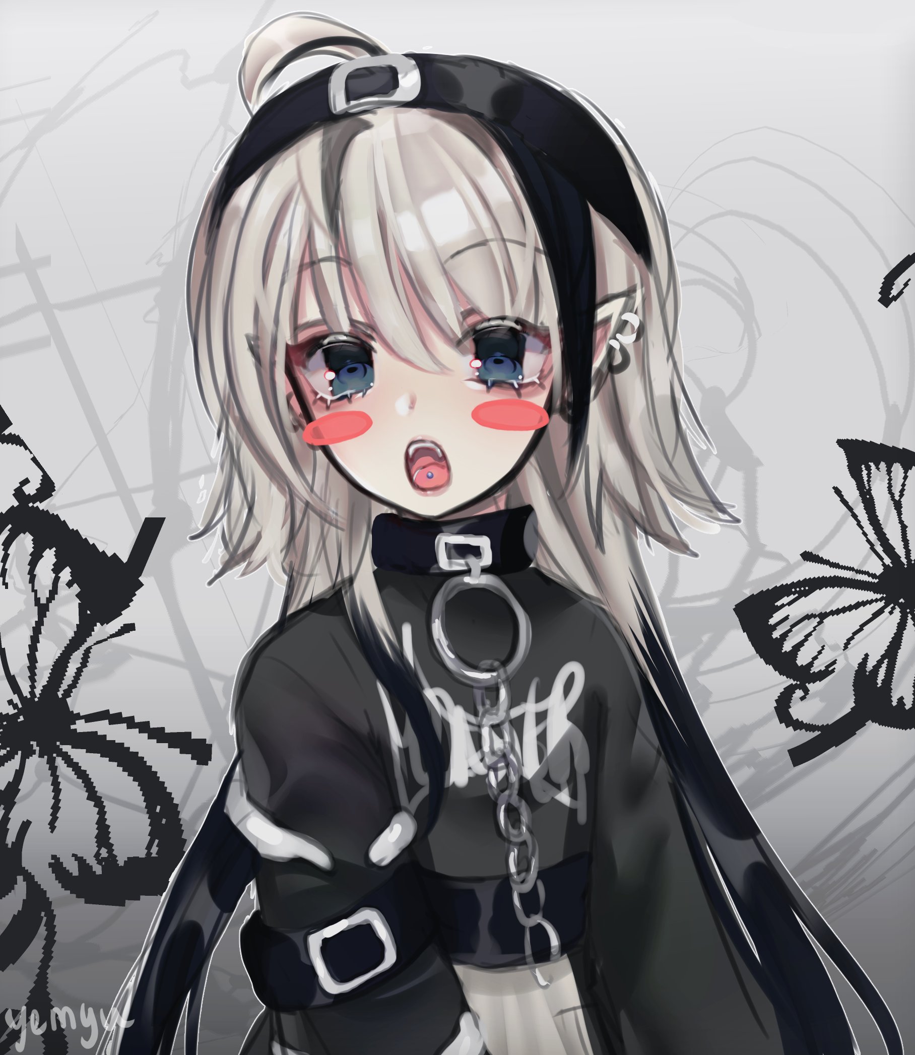 cloud (lufaeris), original, commentary, english commentary, highres, 1girl, ahoge, black collar, black shirt, blue eyes, blush stickers, chain, chain leash, collar, ear piercing, hair between eyes, leash, looking at viewer, medium hair, open mouth, piercing, pointy ears, shirt, solo, tongue piercing, upper body, white background, white hair