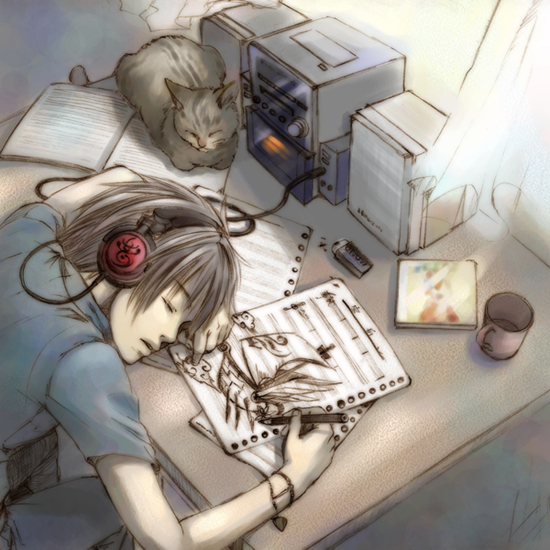 ptiki, original, tombow mono, drawing, 1boy, cat, cup, desk, eraser, headphones, male focus, mug, music, pencil, sketch, sleeping, solo, stereo, wooden pencil