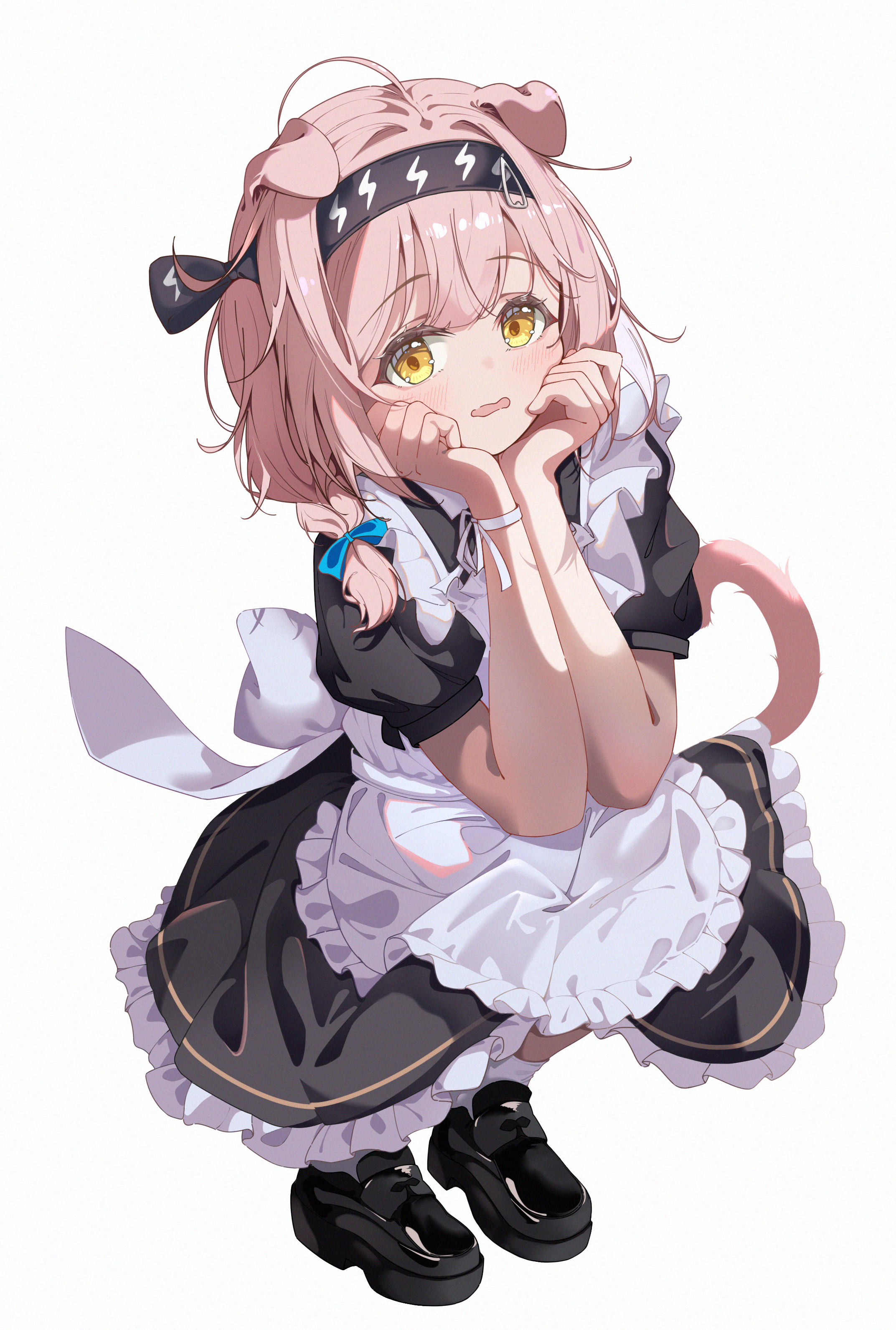 goldenglow (arknights), arknights, absurdres, commentary request, highres, 1girl, animal ears, black shoes, braid, cat ears, cat girl, lizisys, long skirt, looking at viewer, maid, open mouth, shoes, shy, single braid, skirt