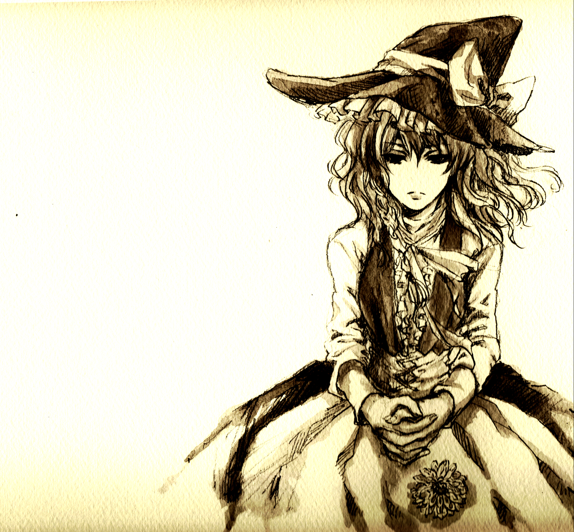 ptiki, kirisame marisa, touhou, highres, traditional media, 1girl, female focus, flower, hat, monochrome, no nose, sketch, solo, witch, witch hat, yellow theme