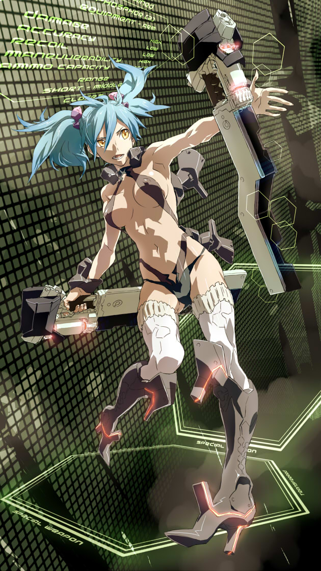 baariya, original, 1girl, blue hair, boots, criss-cross halter, dual wielding, female focus, gun, hair bobbles, hair ornament, halterneck, high heels, holding, muscular, pretzel bikini, shoes, slingshot swimsuit, solo, swimsuit, thighhighs, twintails, weapon, yellow eyes
