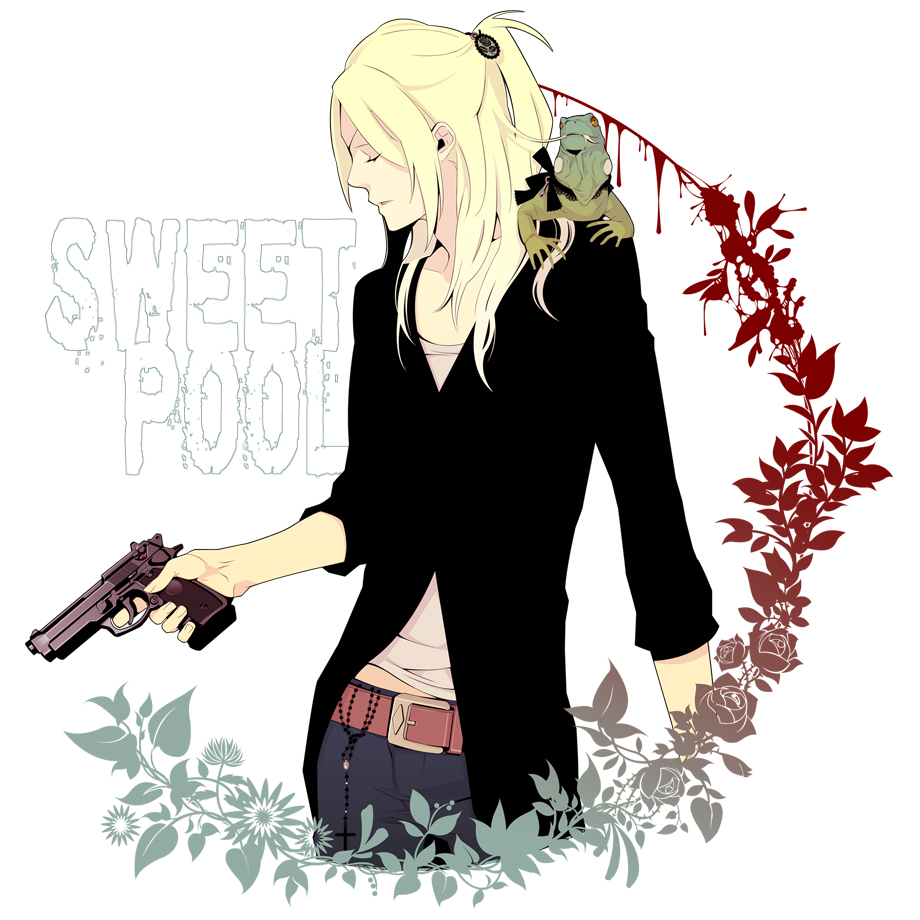 8055, okinaga zenya, sweet pool, 1boy, animal, belt, blonde hair, cardigan, closed eyes, copyright name, cross, denim, gun, handgun, jeans, lizard, long hair, male focus, pants, pistol, ribbon, rosary, solo, weapon