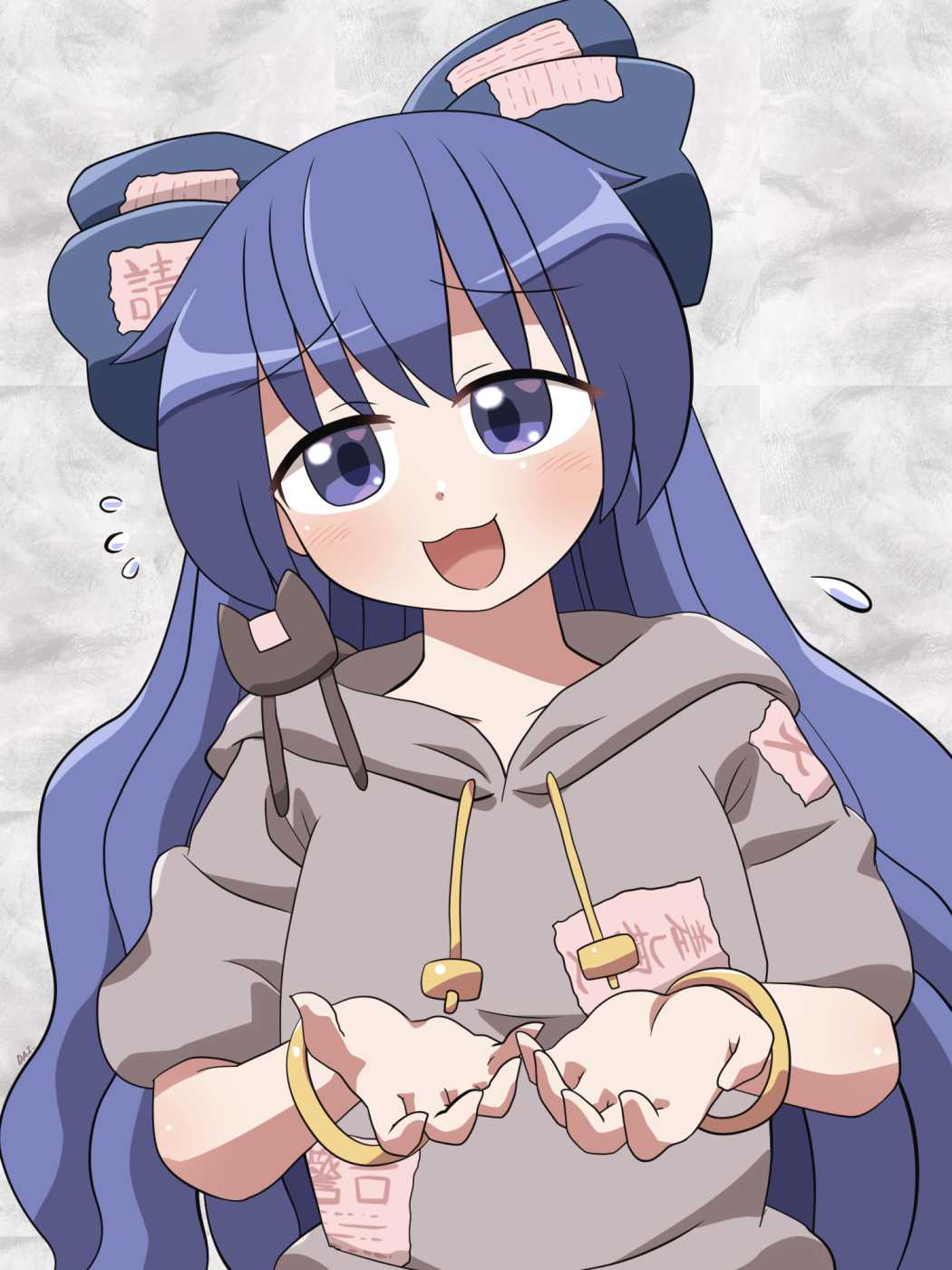 rokugou daisuke, yorigami shion, touhou, commentary request, highres, 1girl, :3, :d, bangle, blue bow, blue eyes, blue hair, blush, bow, bracelet, drawstring, flying sweatdrops, grey hoodie, hair bow, hood, hood down, hoodie, jewelry, long hair, looking at viewer, open mouth, patch, short sleeves, signature, smile, solo, stuffed animal, stuffed cat, stuffed toy, upper body