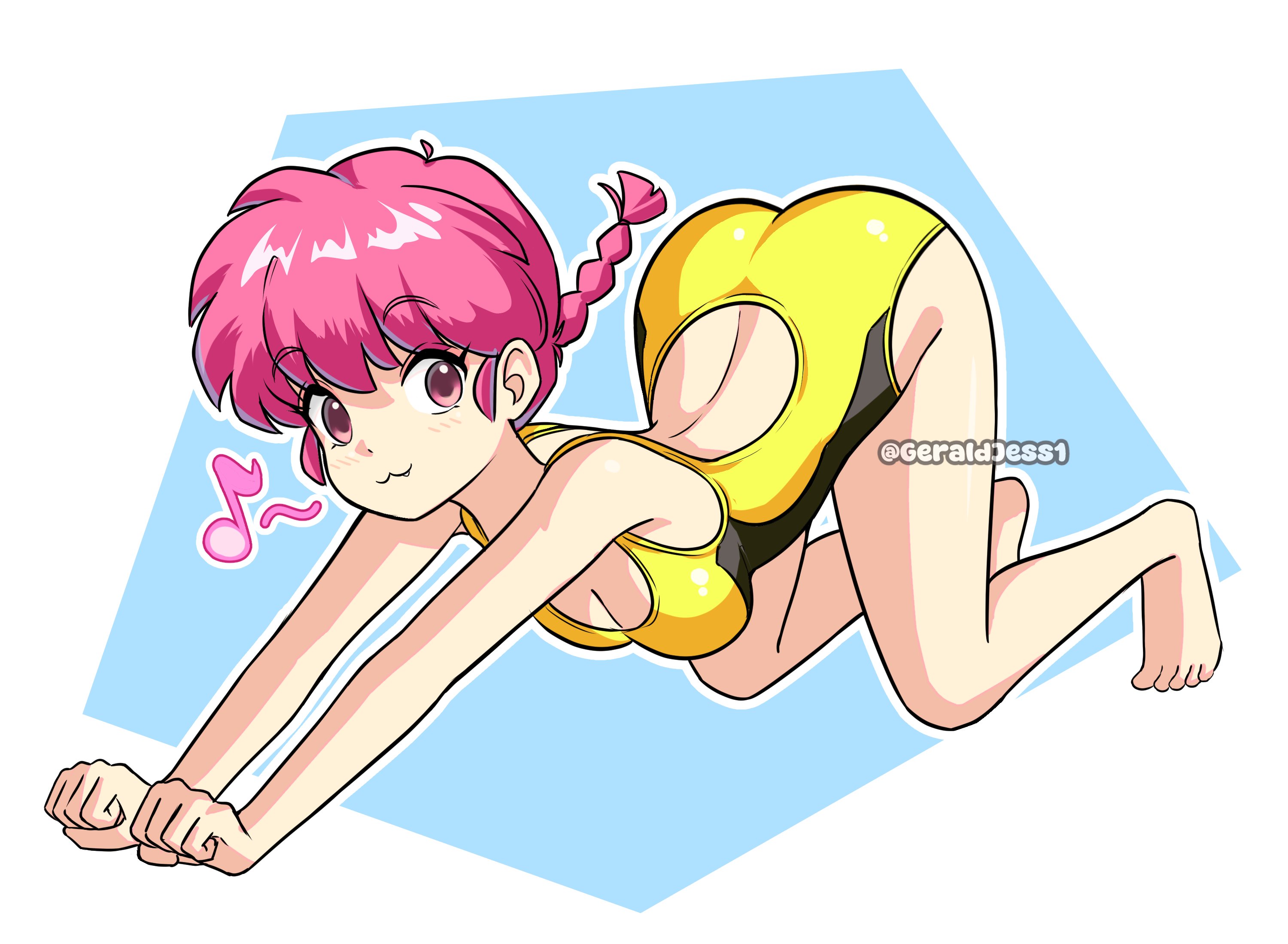 geraldjess1, ranma-chan, ranma 1/2, commentary, english commentary, highres, 1girl, :3, all fours, artist name, back cutout, barefoot, braid, breasts, cleavage, clothing cutout, eighth note, full body, looking at viewer, musical note, one-piece swimsuit, pink eyes, pink hair, solo, spoken musical note, stretching, swimsuit, yellow one-piece swimsuit