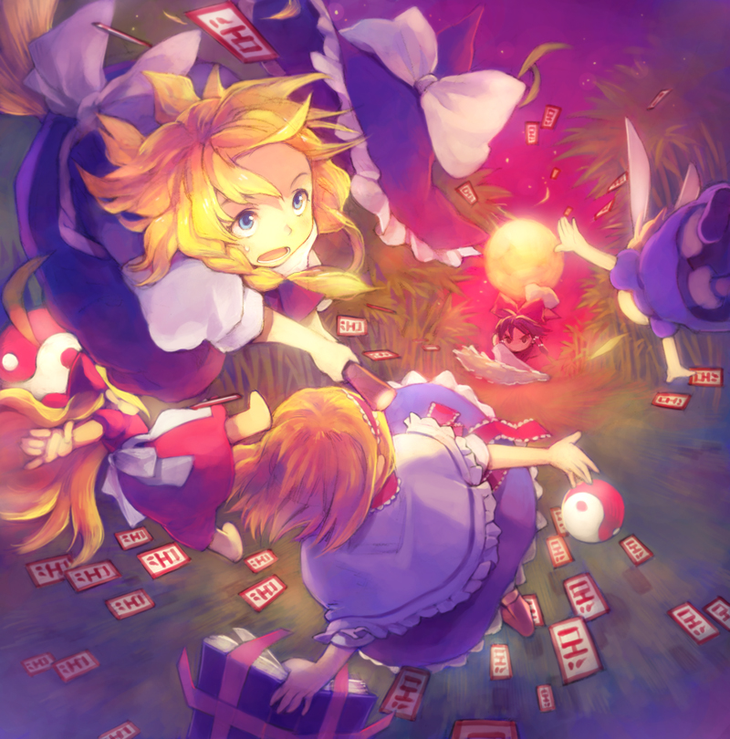 hakou (barasensou), alice margatroid, hakurei reimu, hourai doll, kirisame marisa, shanghai doll, imperishable night, touhou, bad id, bad pixiv id, 3girls, blonde hair, blue eyes, broom, broom riding, danmaku, female focus, flying, hat, moon, multiple girls, ofuda, witch, witch hat