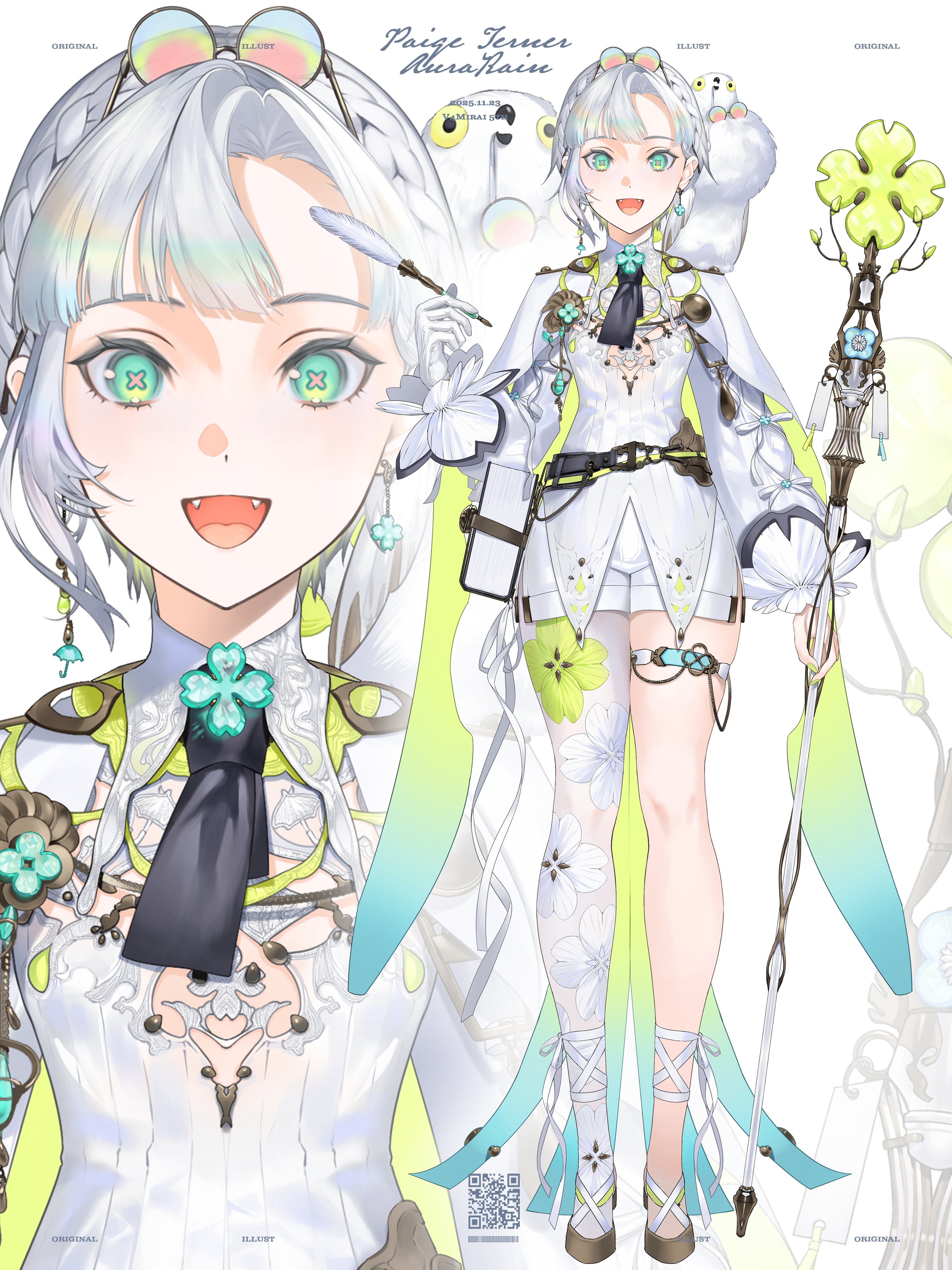 shokuen (oxstl), v4mirai, absurdres, commentary request, highres, official art, :d, aqua eyes, ascot, bird, black ascot, book, brown shoes, cape, earrings, eyewear on head, fangs, floral print, gloves, holding, holding quill, holding staff, jewelry, leg ribbon, mascot, open mouth, paige terner, parted bangs, quill, ribbon, round eyewear, shirt, shoes, short hair, shorts, single glove, single leg pantyhose, smile, staff, symbol-shaped pupils, thigh strap, virtual youtuber, white cape, white gloves, white hair, white ribbon, white shirt, white shorts, x-shaped pupils