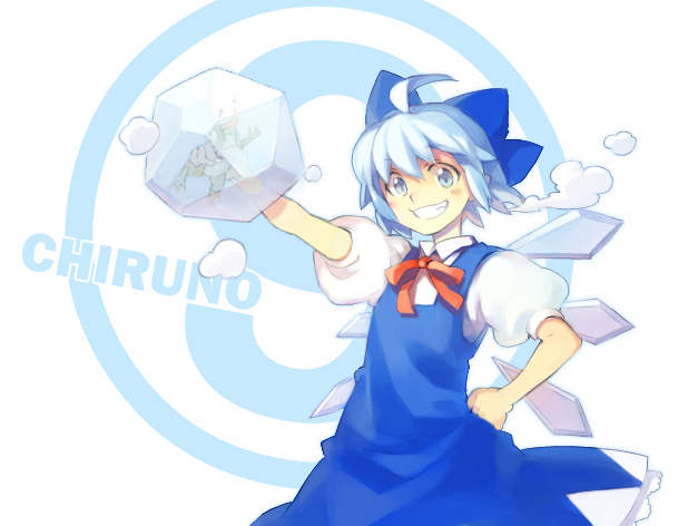 hakou (barasensou), cirno, phantasmagoria of flower view, touhou, bad id, bad pixiv id, 1girl, ahoge, blue eyes, blue hair, circled 9, female focus, frog, frozen, frozen frog, matching hair/eyes, short hair, solo, wings