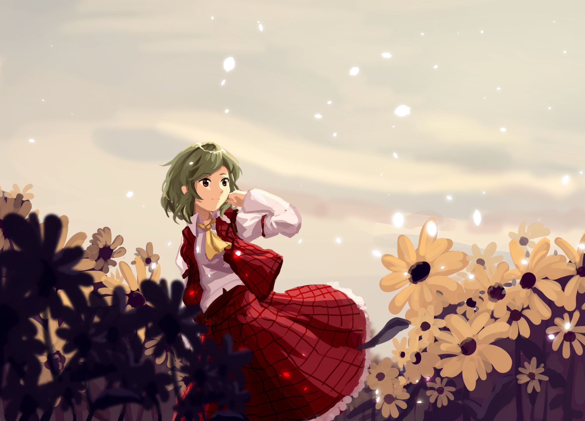furahata gen, kazami yuuka, touhou, commentary, highres, 1girl, ascot, closed mouth, collared shirt, evening, field, flower, flower field, frilled skirt, frills, green hair, long sleeves, looking ahead, petals, plaid clothes, plaid skirt, plaid vest, red skirt, red vest, shirt, short hair, skirt, sleeve garter, smile, solo, standing, sunflower, sunflower field, swept bangs, vest, white shirt, yellow ascot