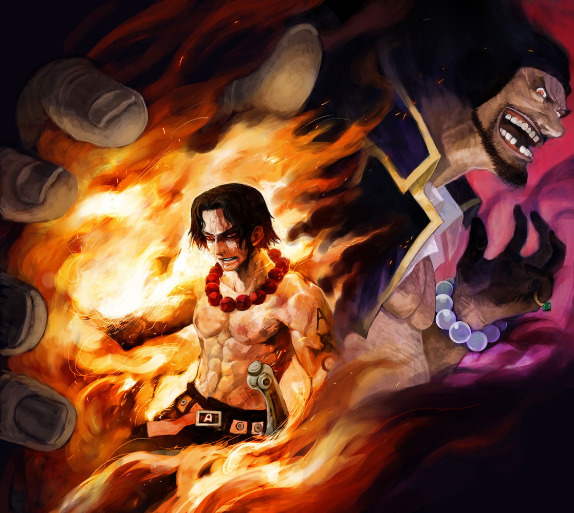 lack, marshall d. teach, portgas d. ace, one piece, 2boys, bandana, beard, belt, darkness, epic, facial hair, fighting, fire, jewelry, knife, male focus, missing tooth, multiple boys, muscular, necklace, pirate, pyrokinesis, ring, tattoo, umbrakinesis