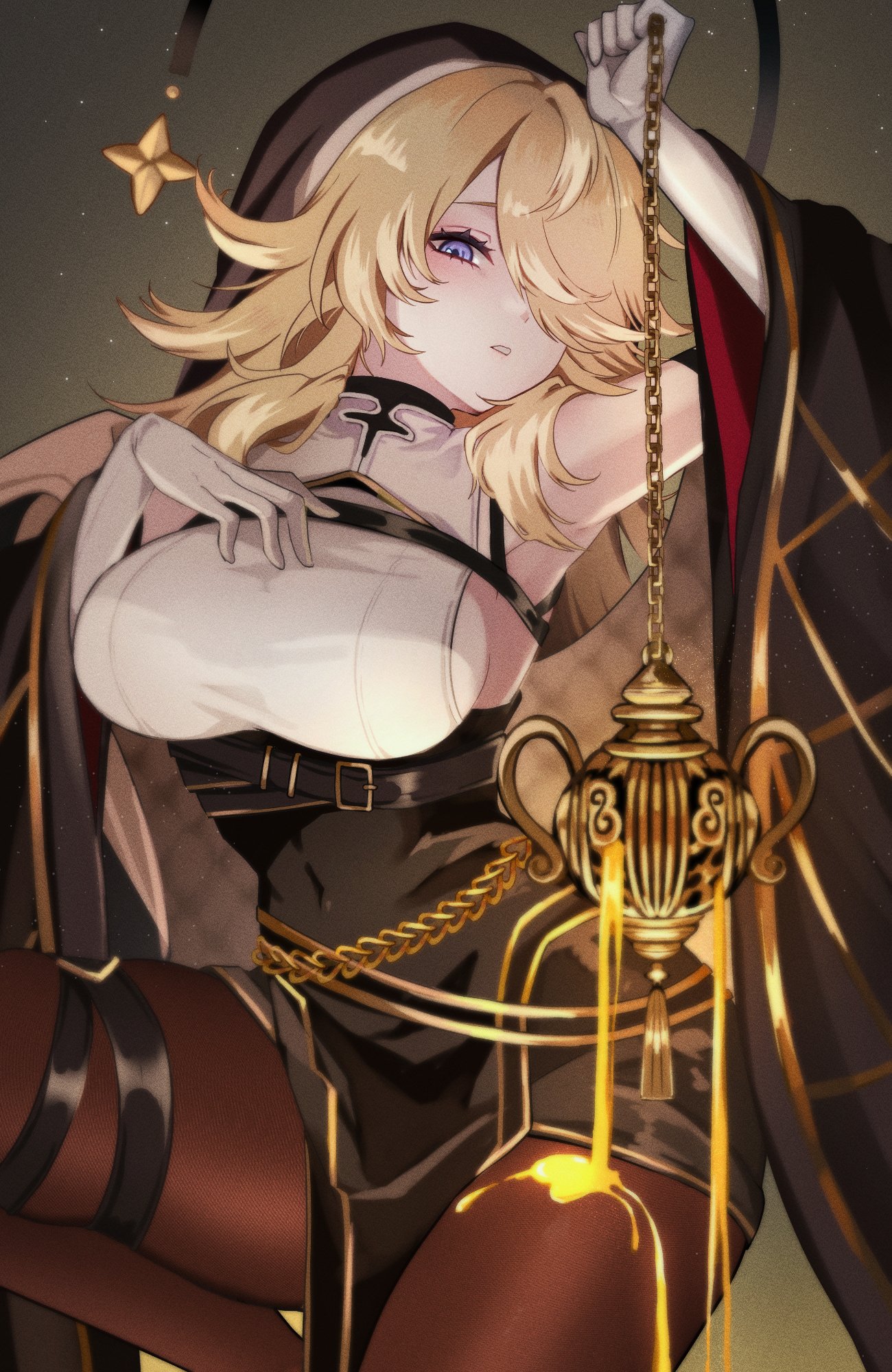 orlea (chaos zero nightmare), chaos zero nightmare, commentary request, highres, 1girl, arm up, bare shoulders, belt, black jacket, black skirt, black veil, blonde hair, blue eyes, blush, breasts, brown pantyhose, gloves, gold trim, hair over one eye, high-waist skirt, jacket, large breasts, long hair, long sleeves, looking at viewer, open clothes, open jacket, pantyhose, parted lips, shirt, sideboob, skirt, sleeveless, sleeveless shirt, solo, swept bangs, thigh belt, thigh strap, veil, very long hair, white gloves, white shirt, wide sleeves, yosho chan