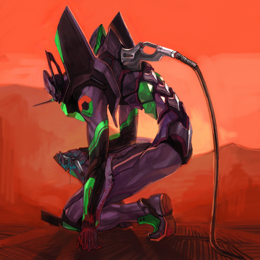 touge (kubiwa tsuki), eva 01, evangelion: 2.0 you can (not) advance, neon genesis evangelion, rebuild of evangelion, bad id, bad pixiv id, 00s, armor, blood, blood on hands, cable, entry plug, food, from side, fruit, full body, holding, horns, kneeling, mecha, mecha focus, no humans, on one knee, orange (fruit), orange theme, robot, single horn