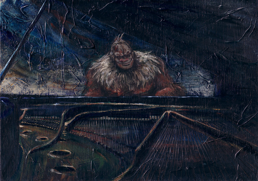 slaking, nintendo, pokemon, oil painting (medium), painting (medium), traditional media, gen 3 pokemon, instrument, personification, piano, smile