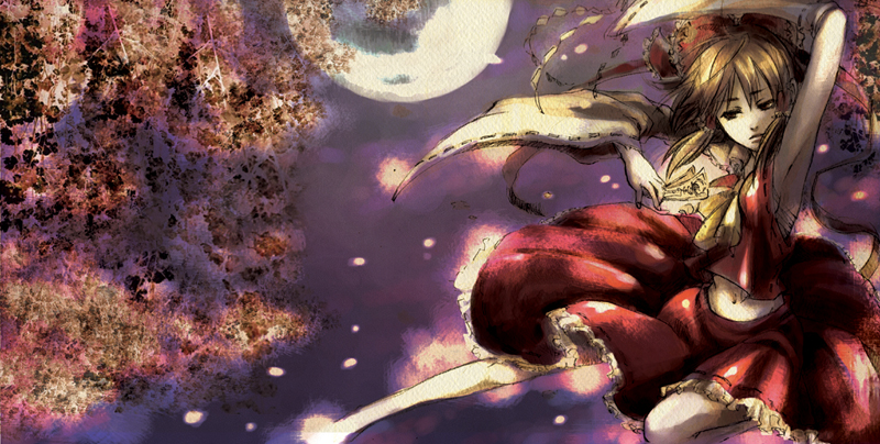 ptiki, hakurei reimu, touhou, 1girl, brown hair, detached sleeves, female focus, japanese clothes, miko, moon, nature, navel, outdoors, plant, sarashi, skirt, sky, solo