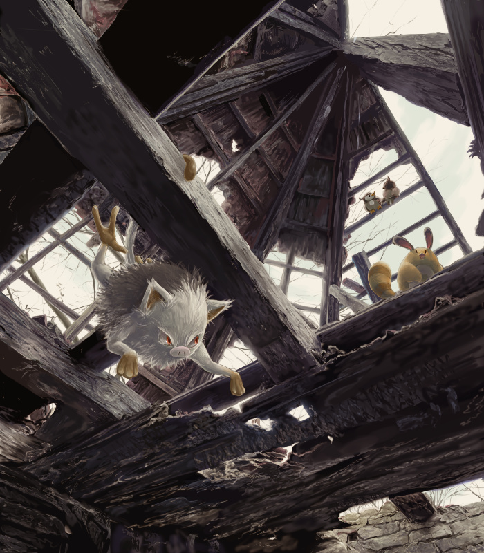 zenmai hizu, mankey, sentret, starly, nintendo, pokemon, pokemon dppt, pokemon gsc, pokemon rgby, 00s, 1990s (style), building, gen 1 pokemon, gen 2 pokemon, gen 4 pokemon, no humans, old, pokemon (creature), retro artstyle, ruins