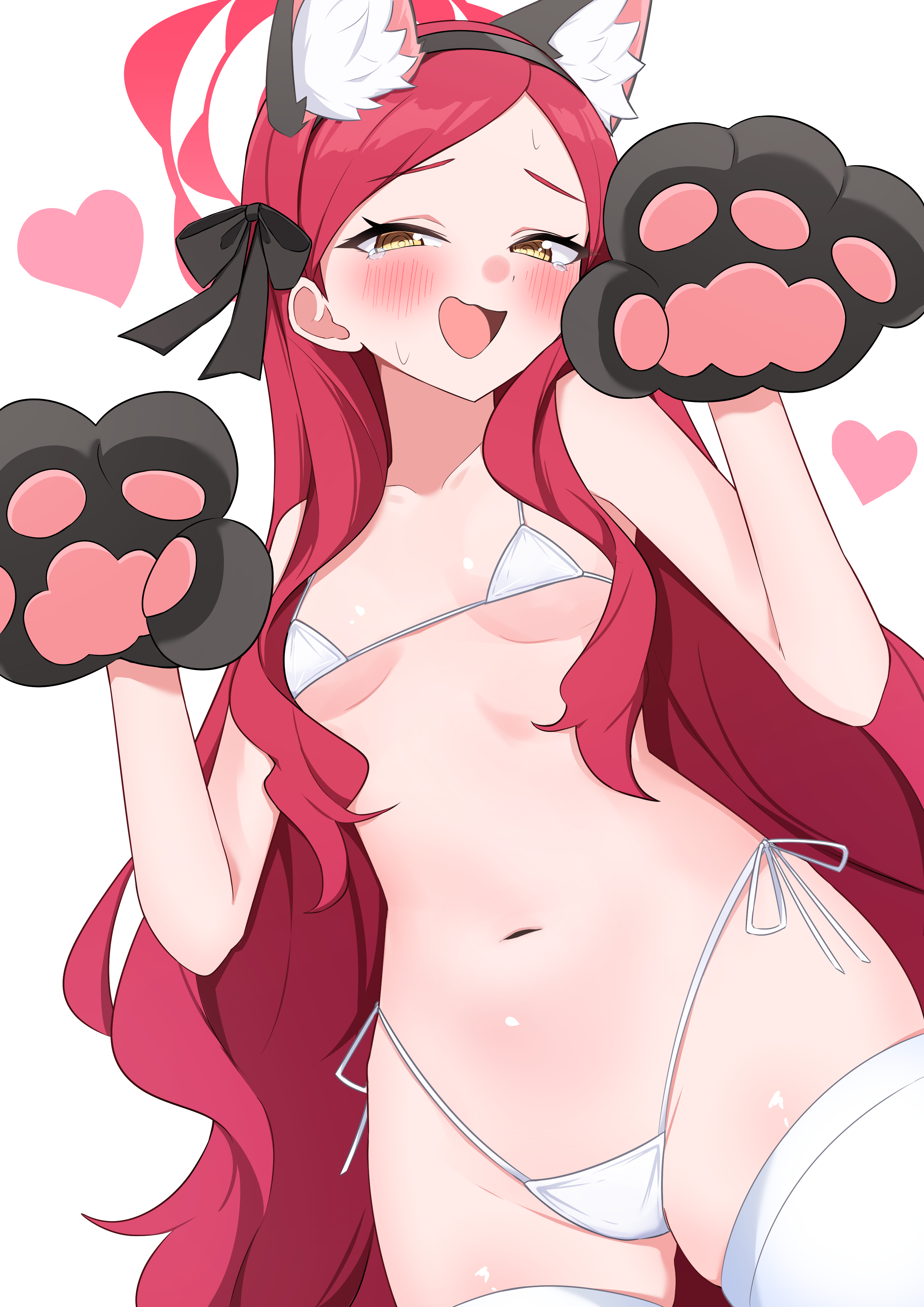 suga kiiha, takane (blue archive), blue archive, absurdres, commentary request, highres, 1girl, animal ears, animal hands, bikini, black gloves, black hairband, blush, breasts, cat ears, fake animal ears, gloves, hairband, halo, heart, long hair, looking at viewer, micro bikini, open mouth, paw gloves, red eyes, red hair, red halo, simple background, small breasts, solo, swimsuit, thighhighs, very long hair, white background, white bikini, white thighhighs, yellow eyes