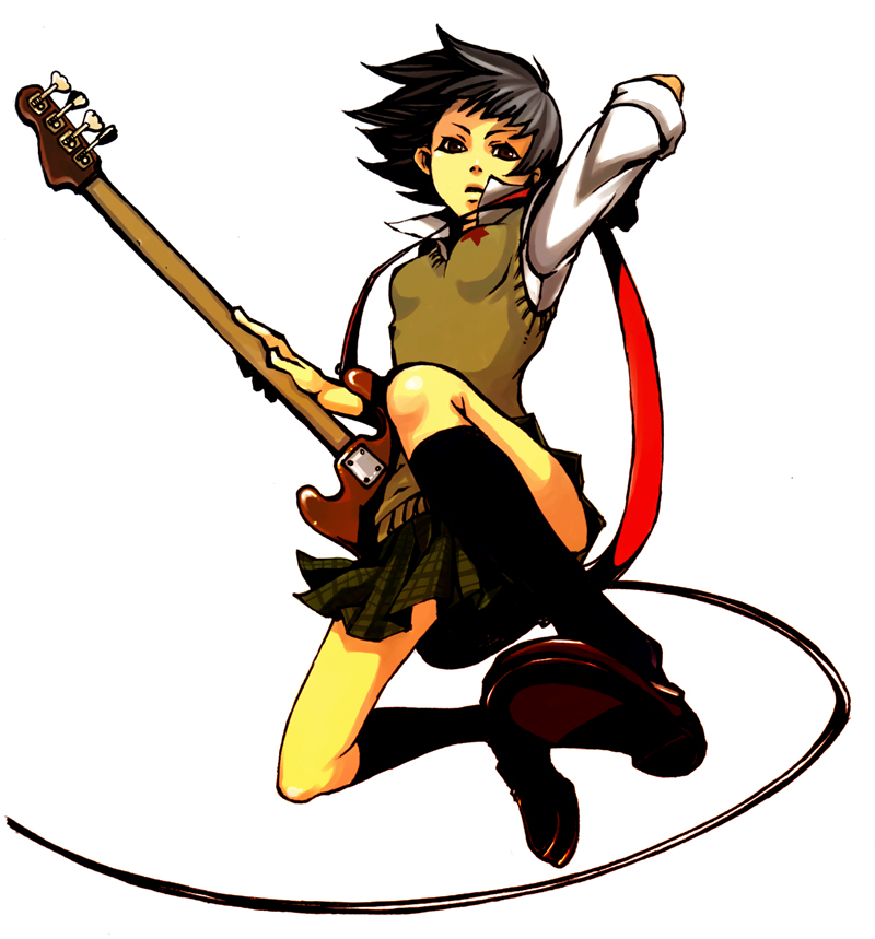 ptiki, original, 1girl, bass guitar, black hair, breasts, female focus, instrument, school uniform, simple background, solo, vest, white background