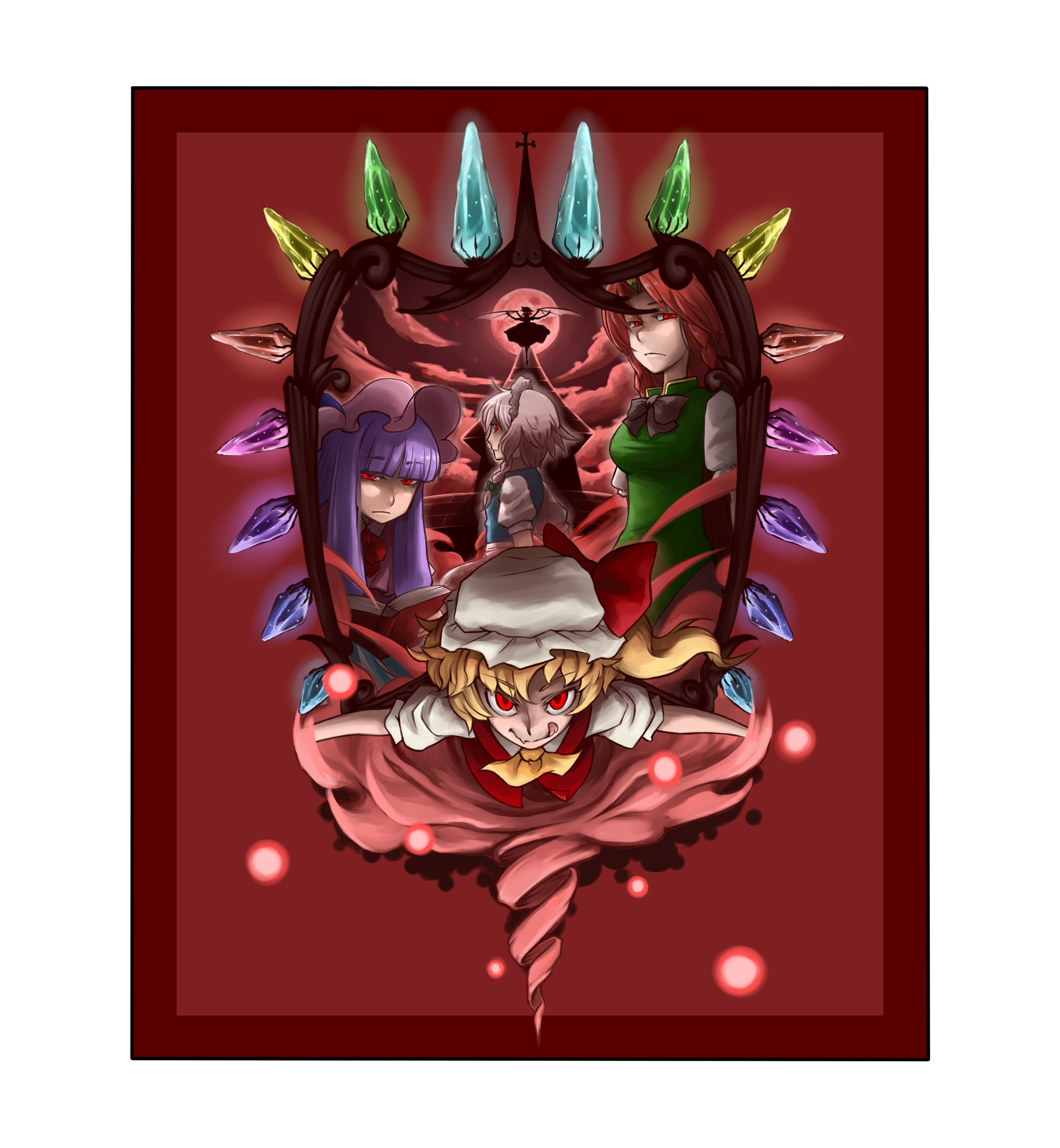 daitai konna kanji, flandre scarlet, hong meiling, izayoi sakuya, patchouli knowledge, remilia scarlet, embodiment of scarlet devil, touhou, silver hair, absurdres, highres, 5girls, :d, alternate wings, bat wings, blonde hair, braid, china dress, chinese clothes, dress, female focus, hat, long hair, multiple girls, open mouth, ponytail, purple hair, red eyes, red hair, short hair, side ponytail, smile, twin braids, wings