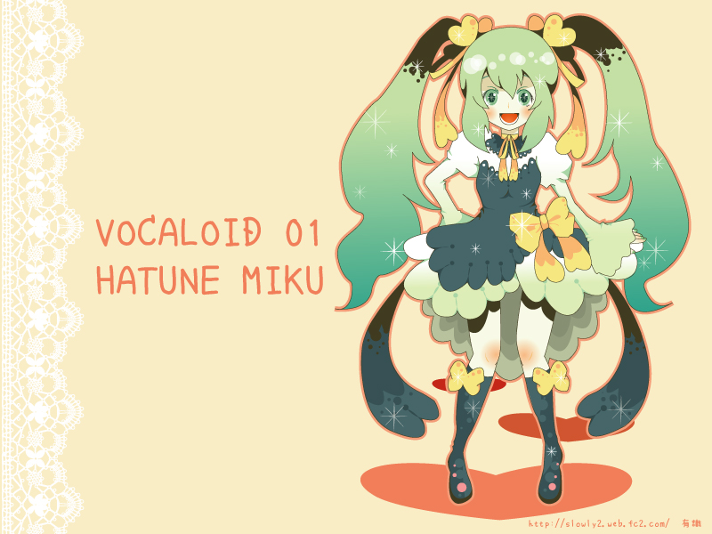 arishiki, hatsune miku, vocaloid, 1girl, boots, dress, female focus, full body, green eyes, green hair, hair ribbon, long hair, matching hair/eyes, ribbon, smile, solo, twintails