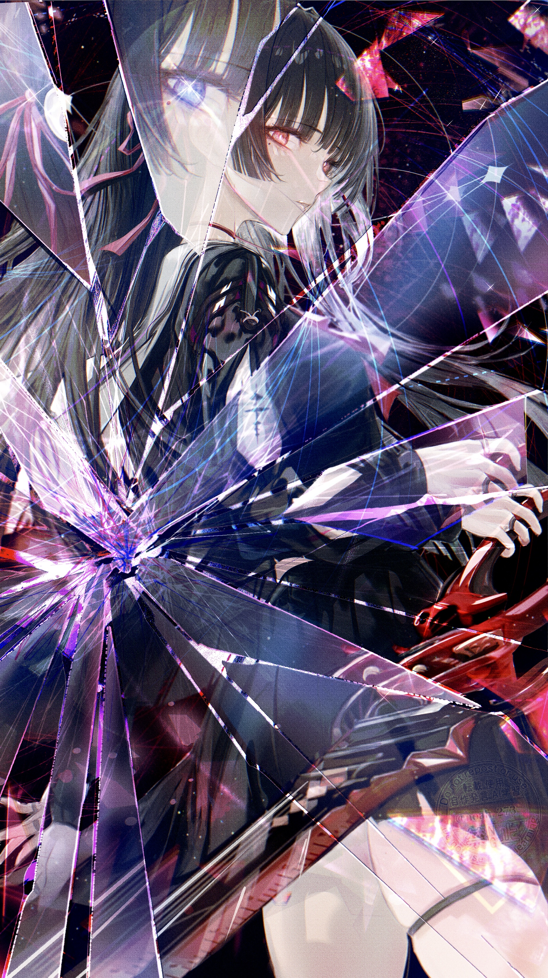 renoahh, chisa (wuthering waves), wuthering waves, absurdres, commentary, english commentary, highres, revision, 1girl, arm cutout, black choker, black hair, black shirt, black skirt, breasts, bright pupils, broken glass, choker, clothing cutout, cowboy shot, from side, glass, hair ribbon, holding, holding sword, holding weapon, long hair, long sleeves, looking at viewer, medium breasts, mole, mole under eye, neckerchief, parted lips, red eyes, red neckerchief, red ribbon, ribbon, sailor collar, school uniform, serafuku, shirt, skirt, solo, sword, tacet mark (wuthering waves), weapon, white pupils, white sailor collar