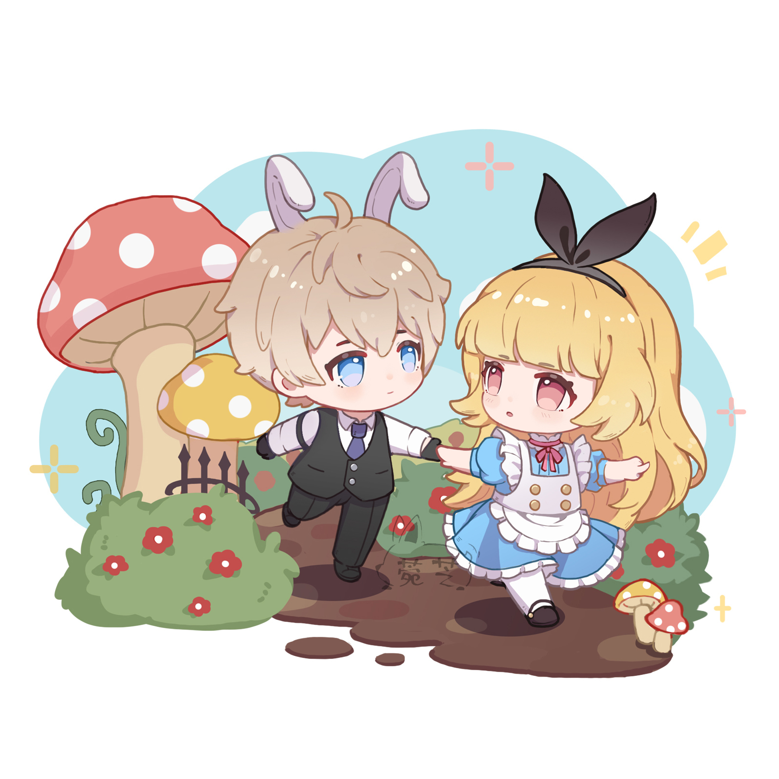 alice (alice in wonderland), white rabbit (alice in wonderland), alice's adventures in wonderland, chinese commentary, commentary request, highres, 1boy, 1girl, :o, ahoge, animal ears, apron, black hairband, black pants, black shoes, black vest, blonde hair, blue dress, blue eyes, blunt bangs, blush, bow hairband, brown hair, bush, chibi, chibi only, closed mouth, collared shirt, dress, eye contact, frilled apron, frilled dress, frills, full body, hairband, holding hands, long hair, long sleeves, looking at another, mushroom, necktie, notice lines, open mouth, pants, pantyhose, pointing, purple necktie, rabbit boy, rabbit ears, red eyes, shirt, shoes, short hair, short sleeves, smile, sparkle, standing, vest, walking, wanzhizhiwanzi, white apron, white pantyhose, white shirt
