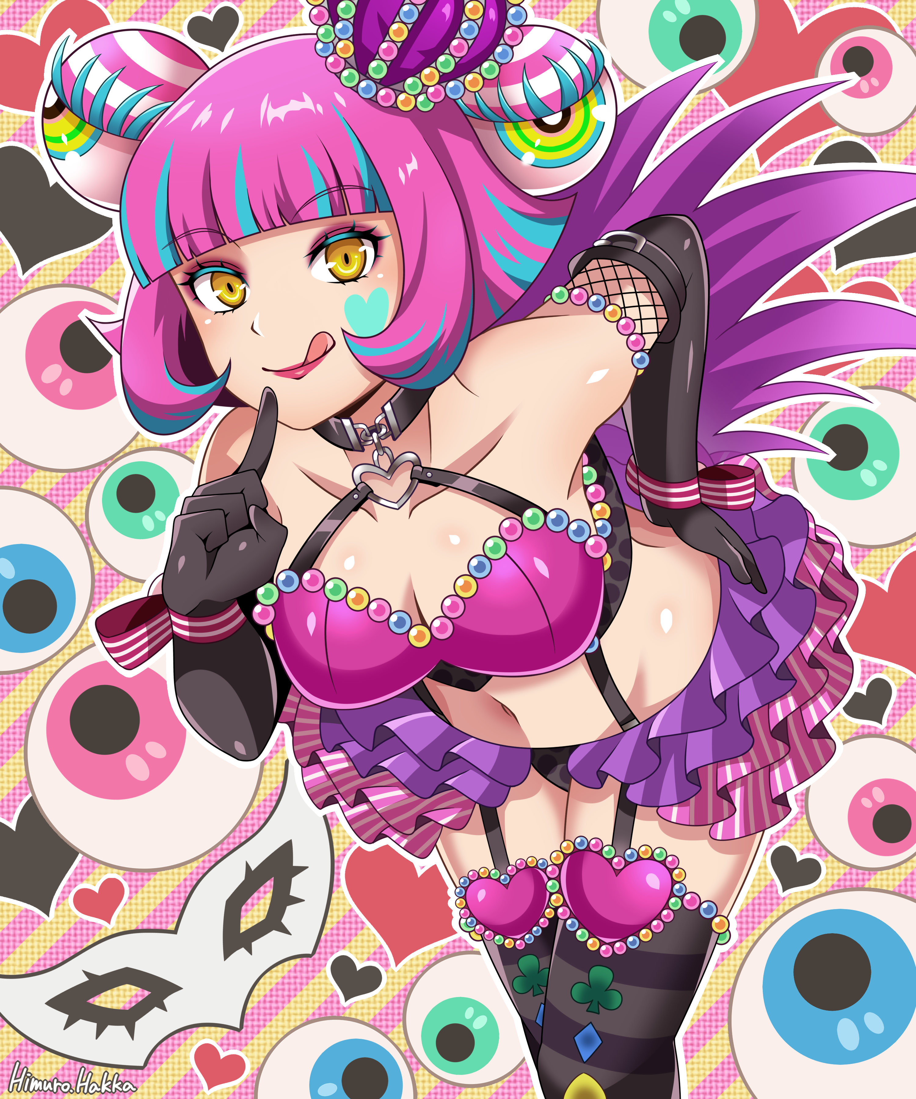 himurororo, seishinashi, hiiragi alice, shadow (persona), persona, persona 5, persona 5 scramble: the phantom strikers, absurdres, commentary request, highres, blunt bangs, choker, crown, facial mark, glowing, glowing eyes, heart, heart facial mark, mini crown, o-ring