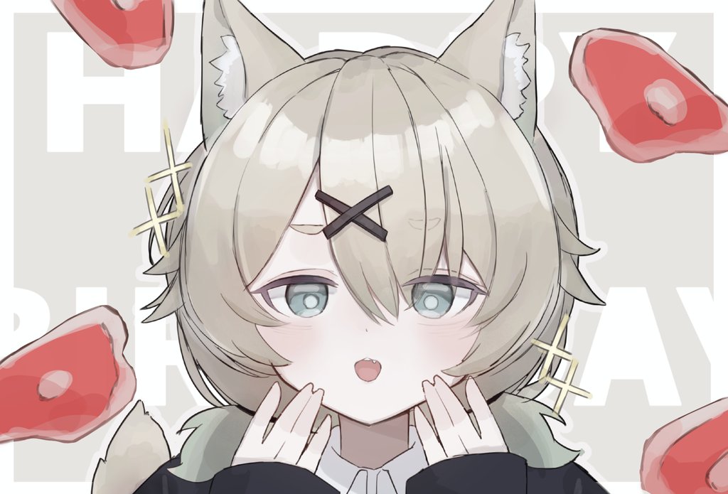 maga mitsuki, indie virtual youtuber, commentary request, 1girl, :3, animal ear fluff, animal ears, arazan (ara arazan24), blonde hair, collared shirt, fang, food, green eyes, hair ornament, hairclip, hand on own face, low twintails, meat, medium hair, open mouth, shirt, short twintails, sleeves past wrists, solo, sparkle, tail, teeth, text background, twintails, upper teeth only, virtual youtuber, wolf ears