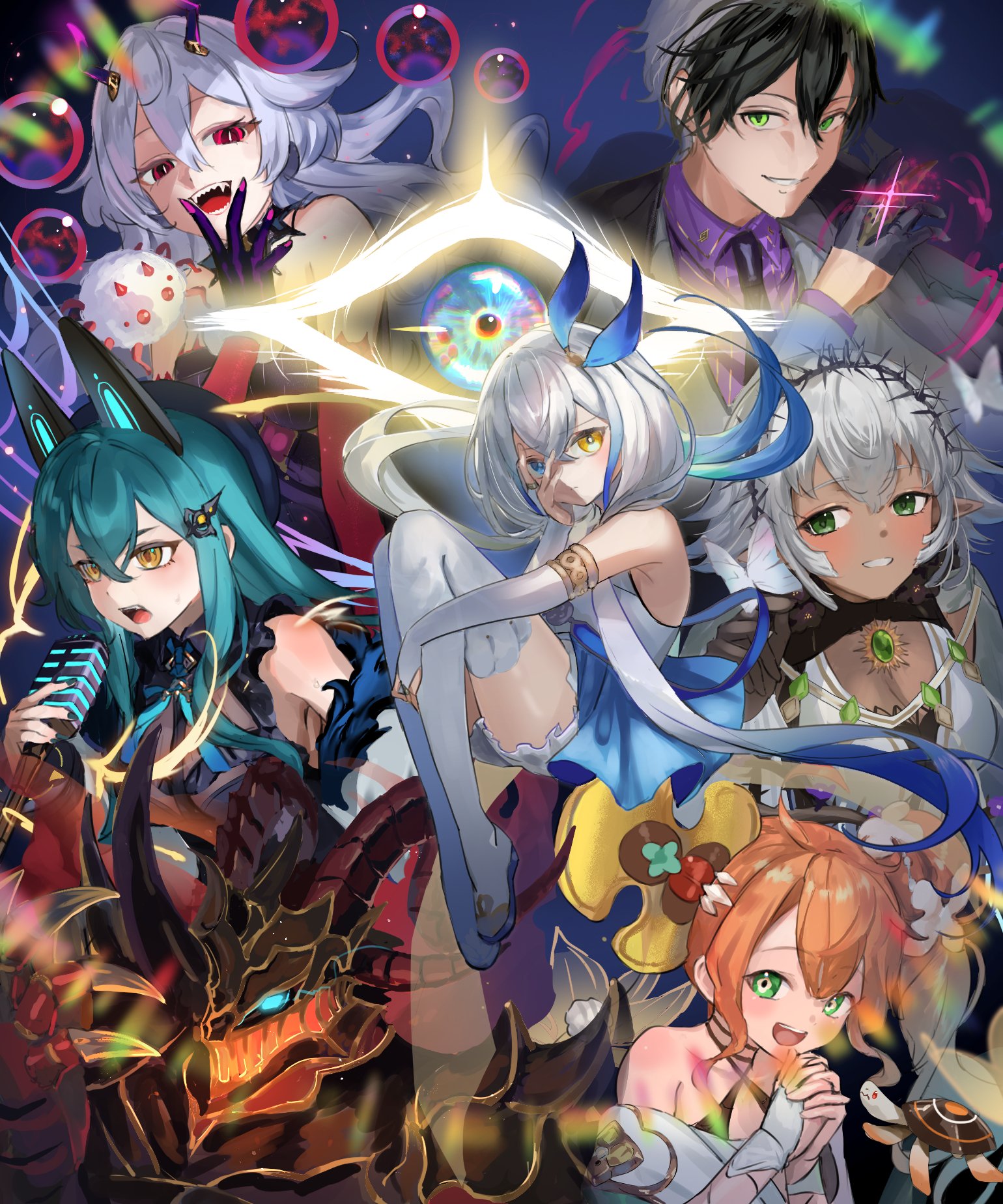 sham-nacha (shadowverse: worlds beyond), velharia (shadowverse: worlds beyond), shadowverse, shadowverse: worlds beyond, character request, commentary request, highres, 1boy, 1other, 5girls, animal ears, armor, axia (shadowverse: worlds beyond), bare shoulders, black hair, blue eyes, blue hair, bridal gauntlets, bug, butterfly, butterfly on hand, cat ears, claws, collared shirt, dress, fake animal ears, fake horns, fang, floating hair, gloves, green eyes, grey hair, helmet, heterochromia, himeka (shadowverse: worlds beyond), horned helmet, horns, insect, long hair, microphone, monomusi, multicolored hair, multiple girls, open mouth, orange hair, purple shirt, red eyes, shirt, short hair, streaked hair, tan, thighhighs, white dress, white gloves, white thighhighs, yellow eyes