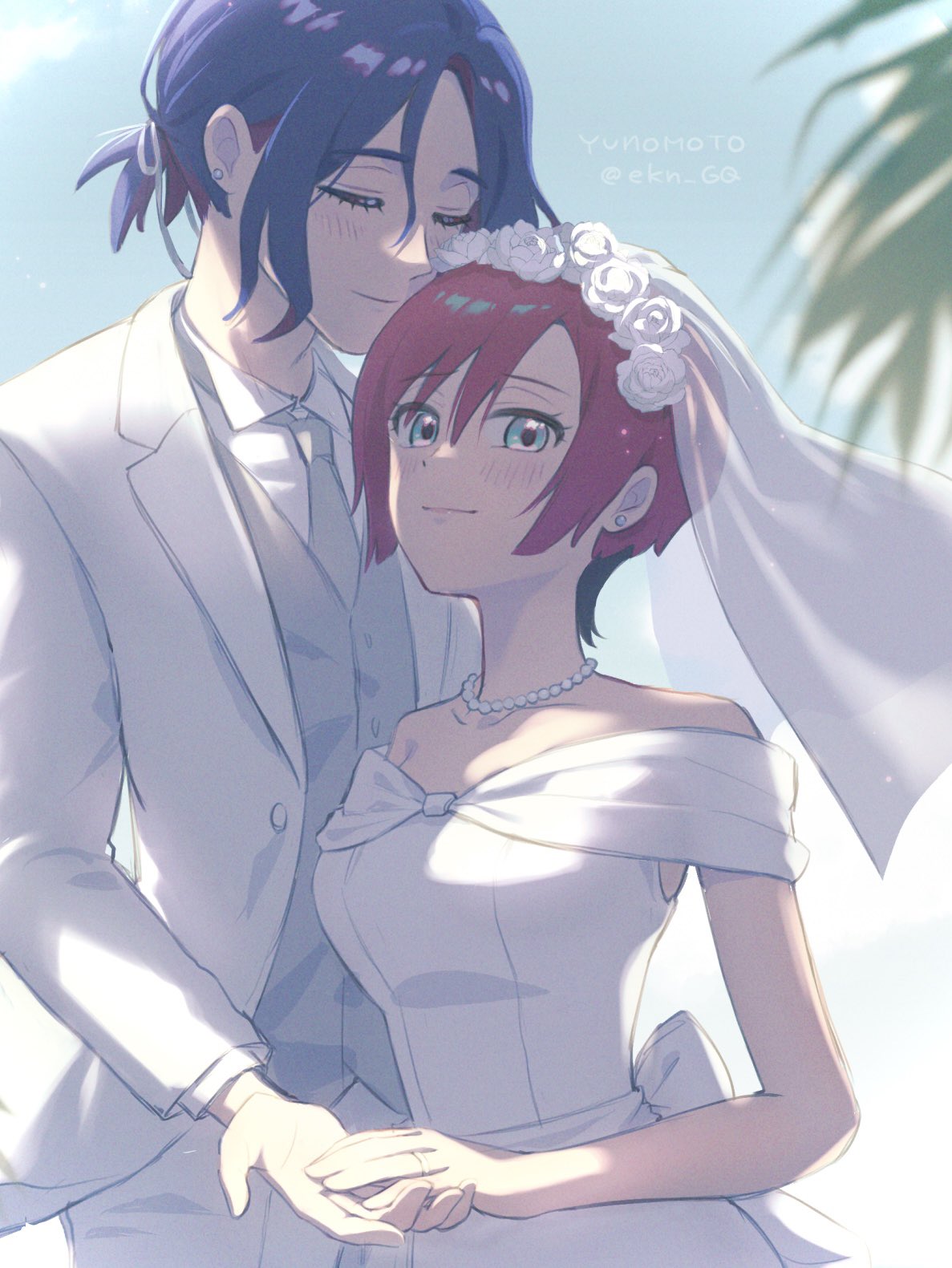 amate yuzuriha, shuji ito, gundam, gundam gquuuuuux, commentary request, highres, 1boy, 1girl, alternate costume, aqua eyes, artist name, blue hair, blush, bridal veil, bride, closed eyes, collared shirt, colored inner hair, day, dress, ekn gq, formal clothes, groom, holding hands, jacket, jewelry, multicolored eyes, multicolored hair, necklace, necktie, off-shoulder dress, off shoulder, pants, pearl necklace, ponytail, red hair, ring, shirt, short hair, short ponytail, smile, suit, suit jacket, twitter username, two-tone eyes, two-tone hair, upper body, veil, vest, watermark, wedding, wedding dress, wedding ring, white dress, white jacket, white necktie, white pants, white shirt, white suit, white vest, wingtip collar