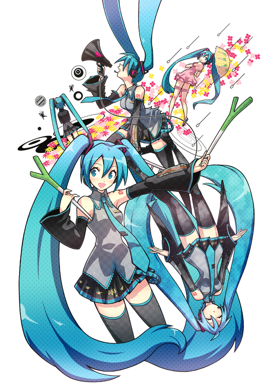 deretta, hatsune miku, hatsune miku (saihate), koi wa sensou (vocaloid), melt (vocaloid), saihate (vocaloid), vocaloid, blue hair, bug, butterfly, closed eyes, detached sleeves, dress, flower, food, happy, headphones, insect, long hair, necktie, rain, skirt, sleeping, spring onion, tattoo, thighhighs, twintails, umbrella